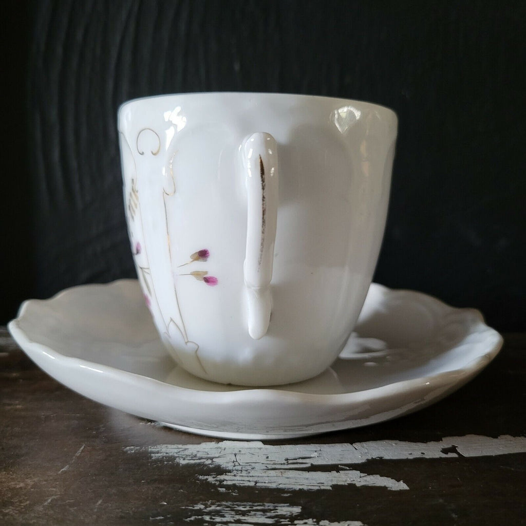 Antique Mustache Cup and Saucer "Remember Me" Flowers, Germany Mustache Mug