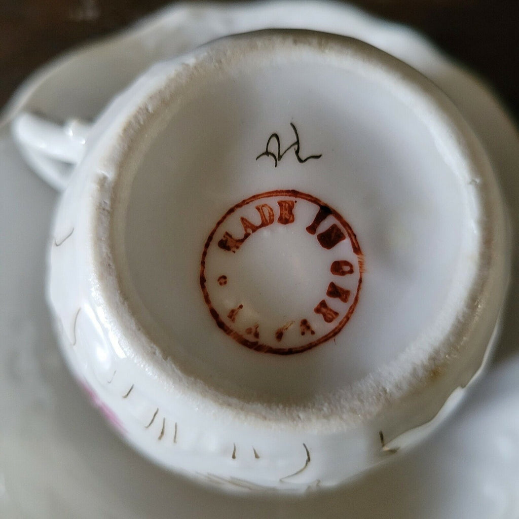 Antique Mustache Cup and Saucer "Remember Me" Flowers, Germany Mustache Mug
