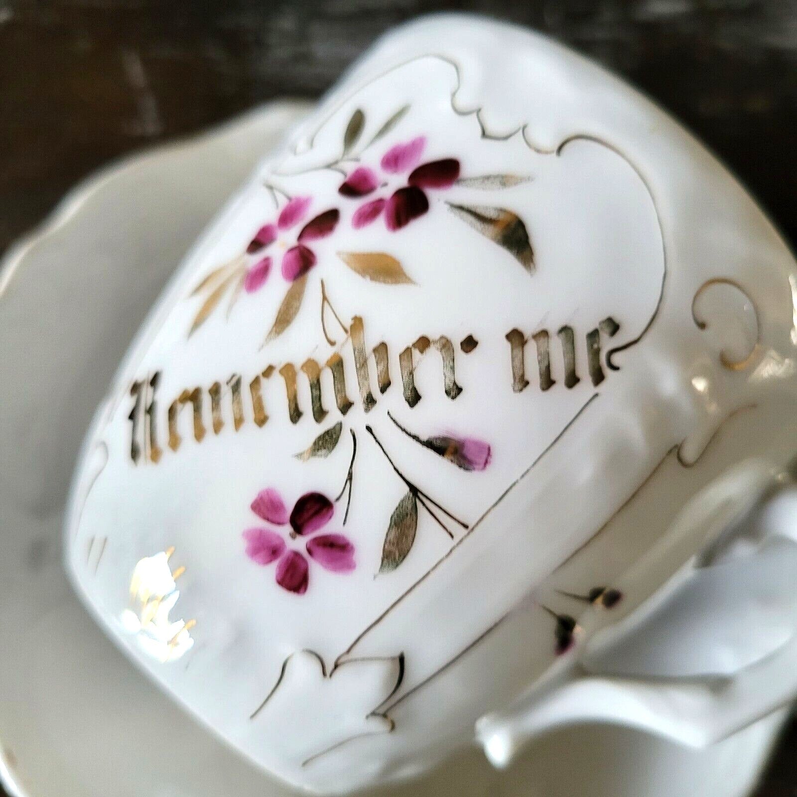 Antique Mustache Cup and Saucer "Remember Me" Flowers, Germany Mustache Mug