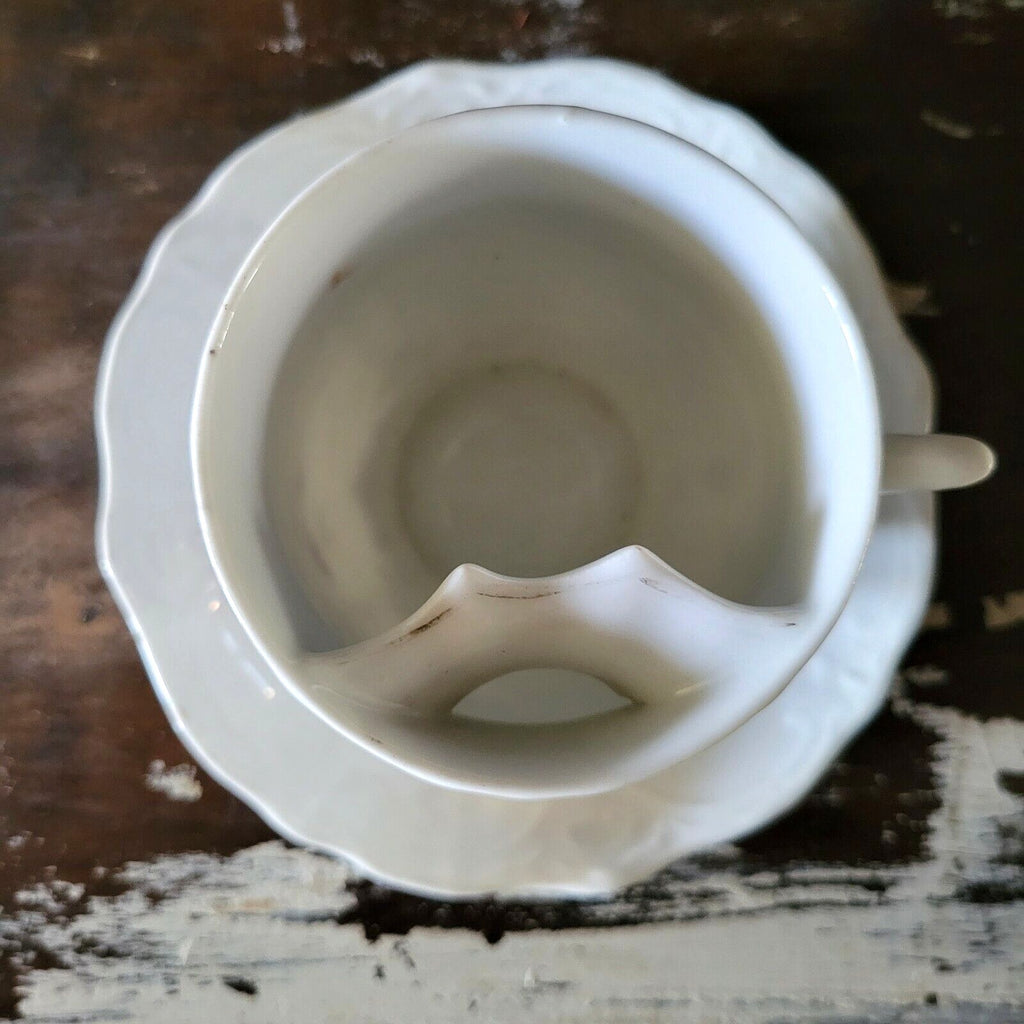 Antique Mustache Cup and Saucer "Remember Me" Flowers, Germany Mustache Mug