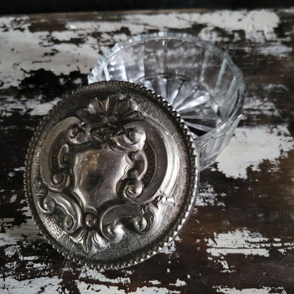 Vintage Crystal Vanity Jar With Silverplate Repoussé Lid and Shield Design