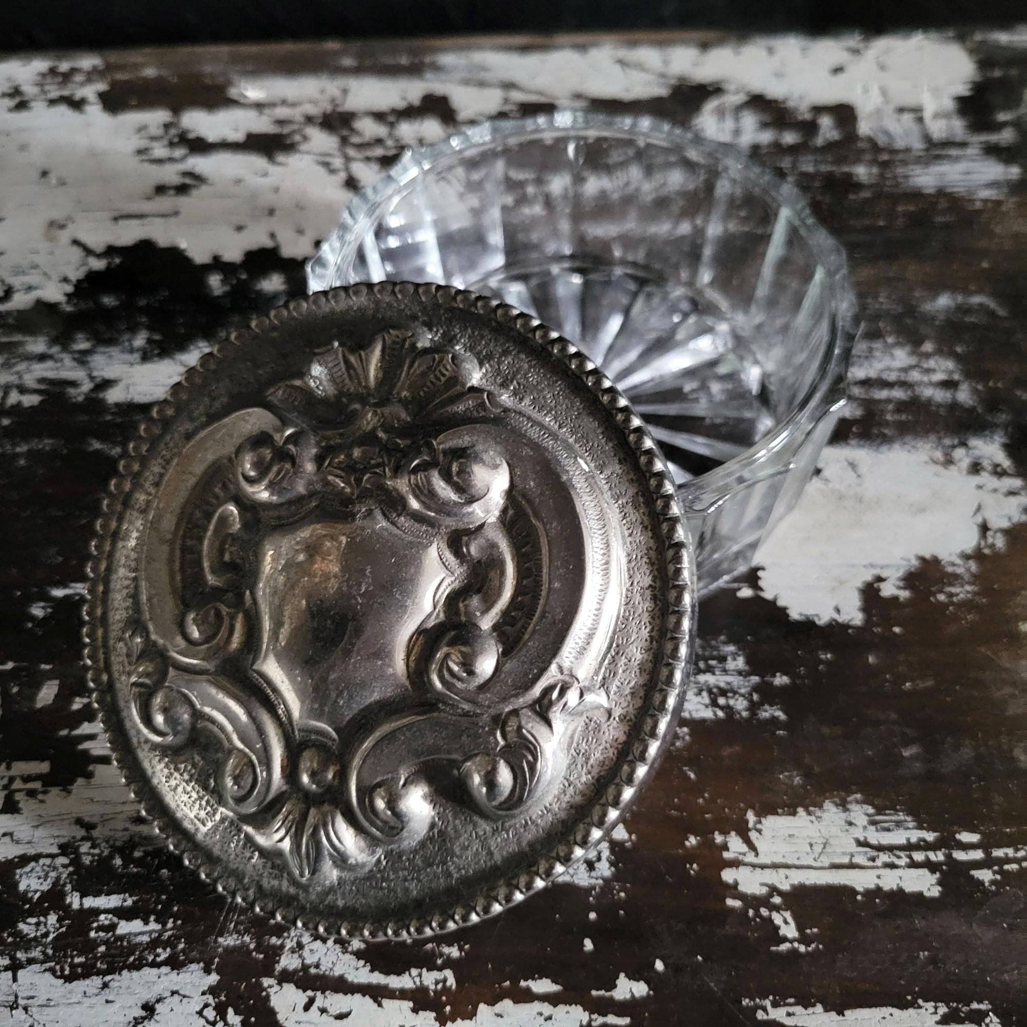 Vintage Crystal Vanity Jar With Silverplate Repoussé Lid and Shield Design