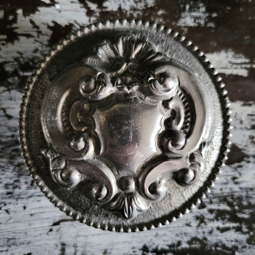 Vintage Crystal Vanity Jar With Silverplate Repoussé Lid and Shield Design