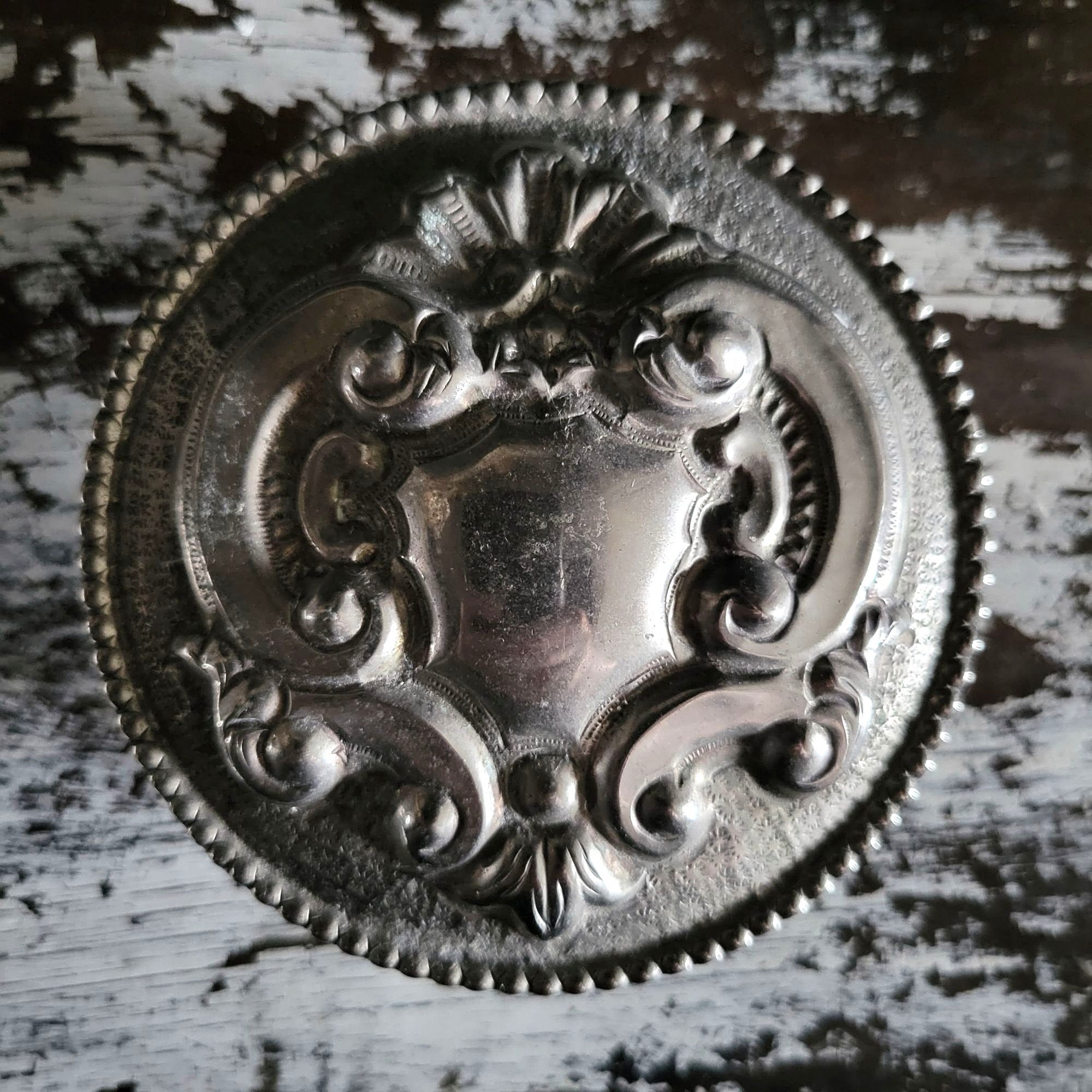 Vintage Crystal Vanity Jar With Silverplate Repoussé Lid and Shield Design