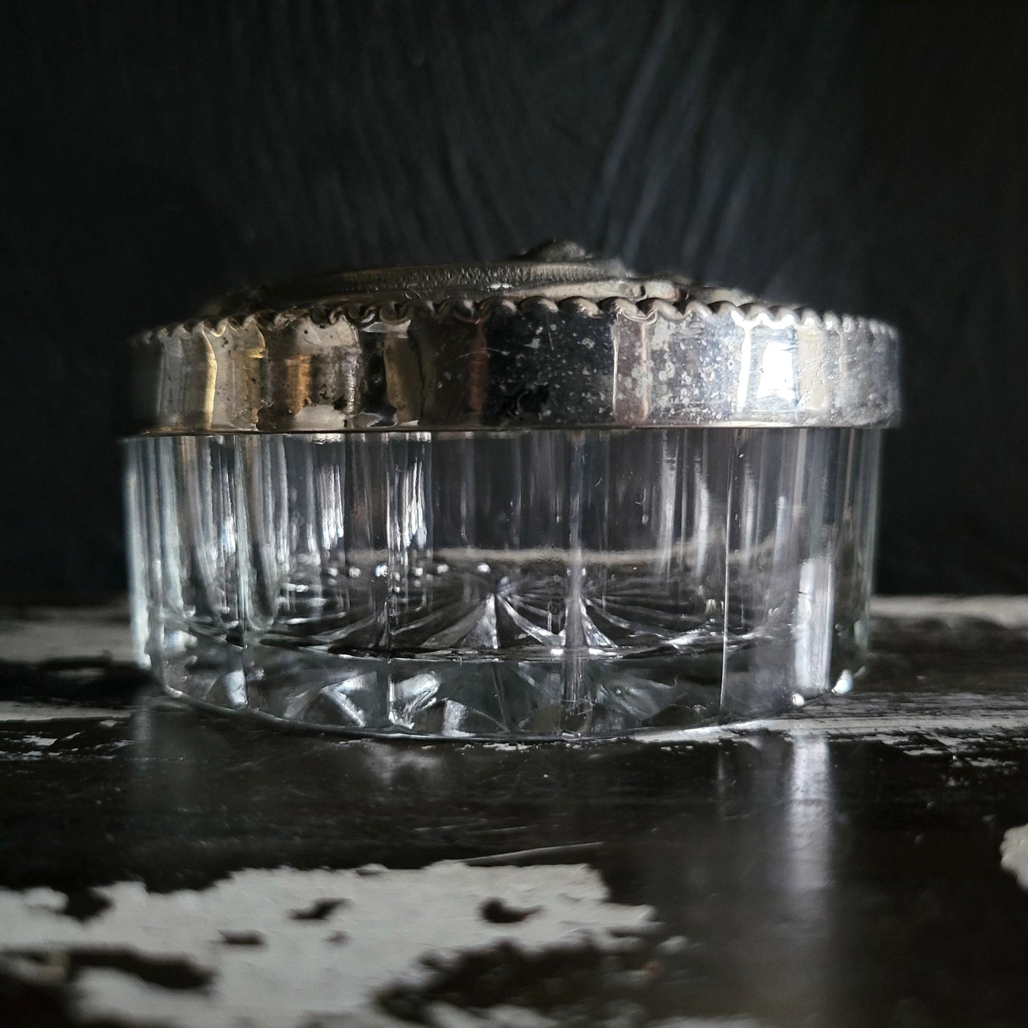 Vintage Crystal Vanity Jar With Silverplate Repoussé Lid and Shield Design