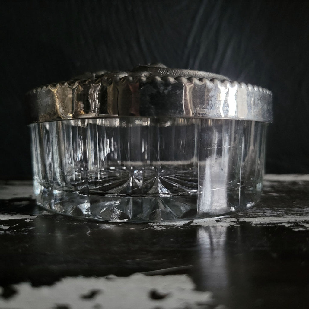 Vintage Crystal Vanity Jar With Silverplate Repoussé Lid and Shield Design
