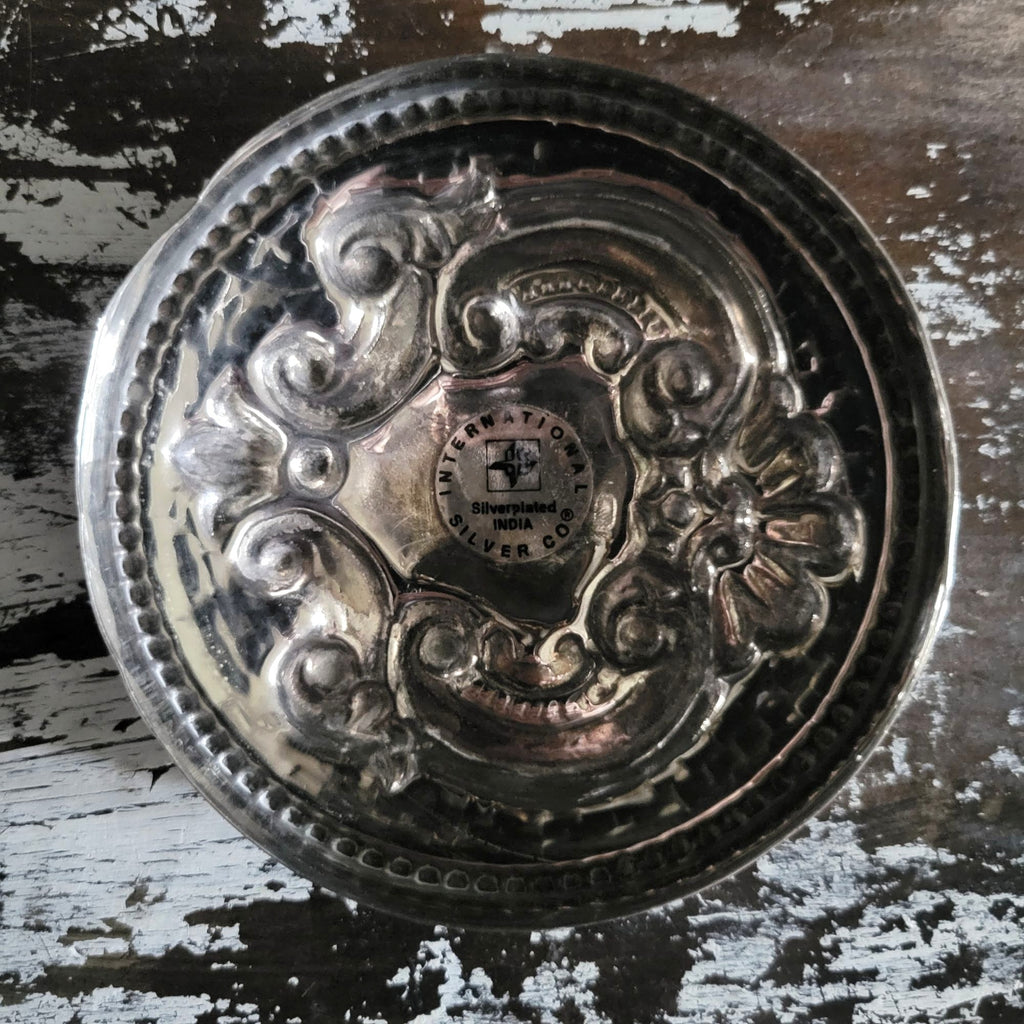 Vintage Crystal Vanity Jar With Silverplate Repoussé Lid and Shield Design