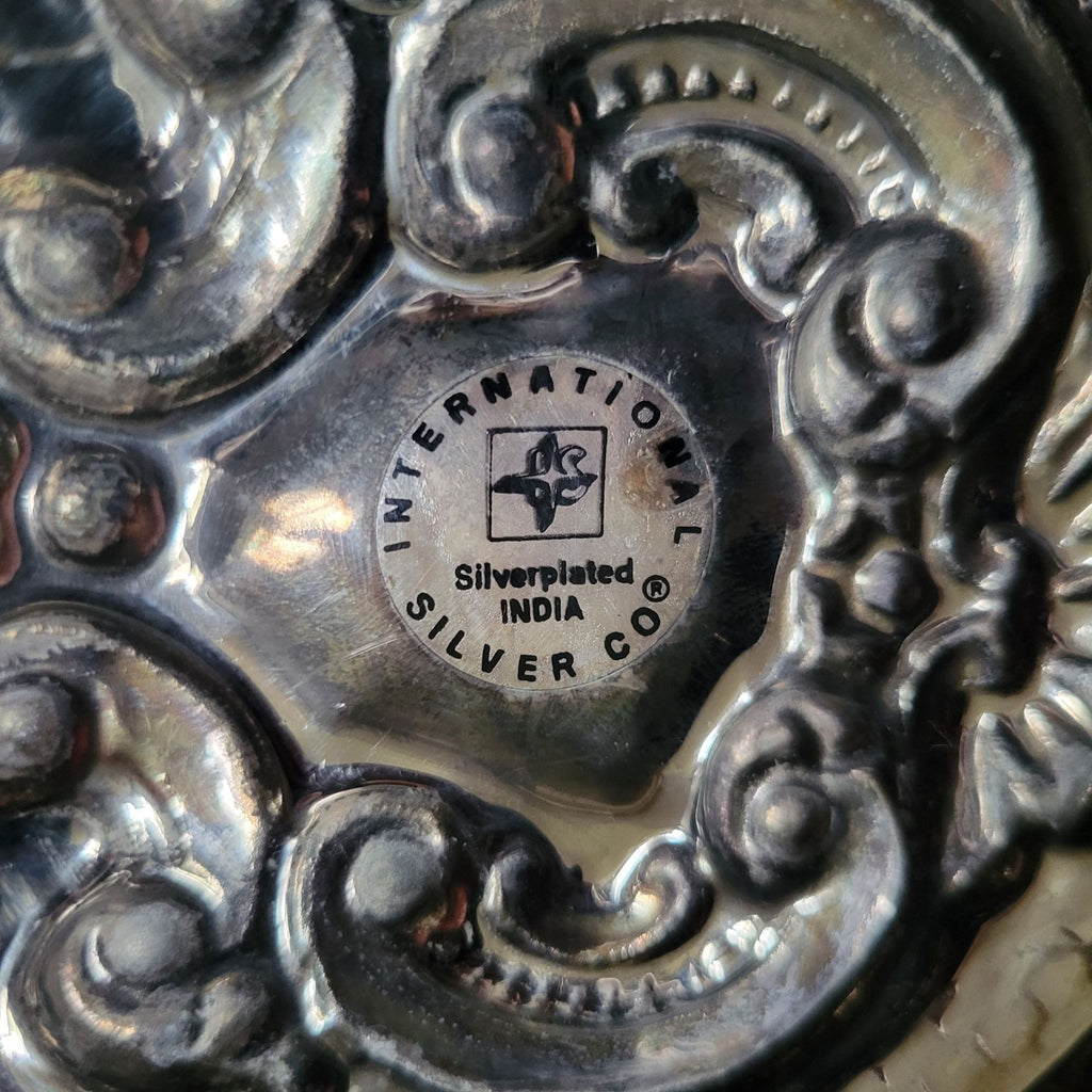 Vintage Crystal Vanity Jar With Silverplate Repoussé Lid and Shield Design
