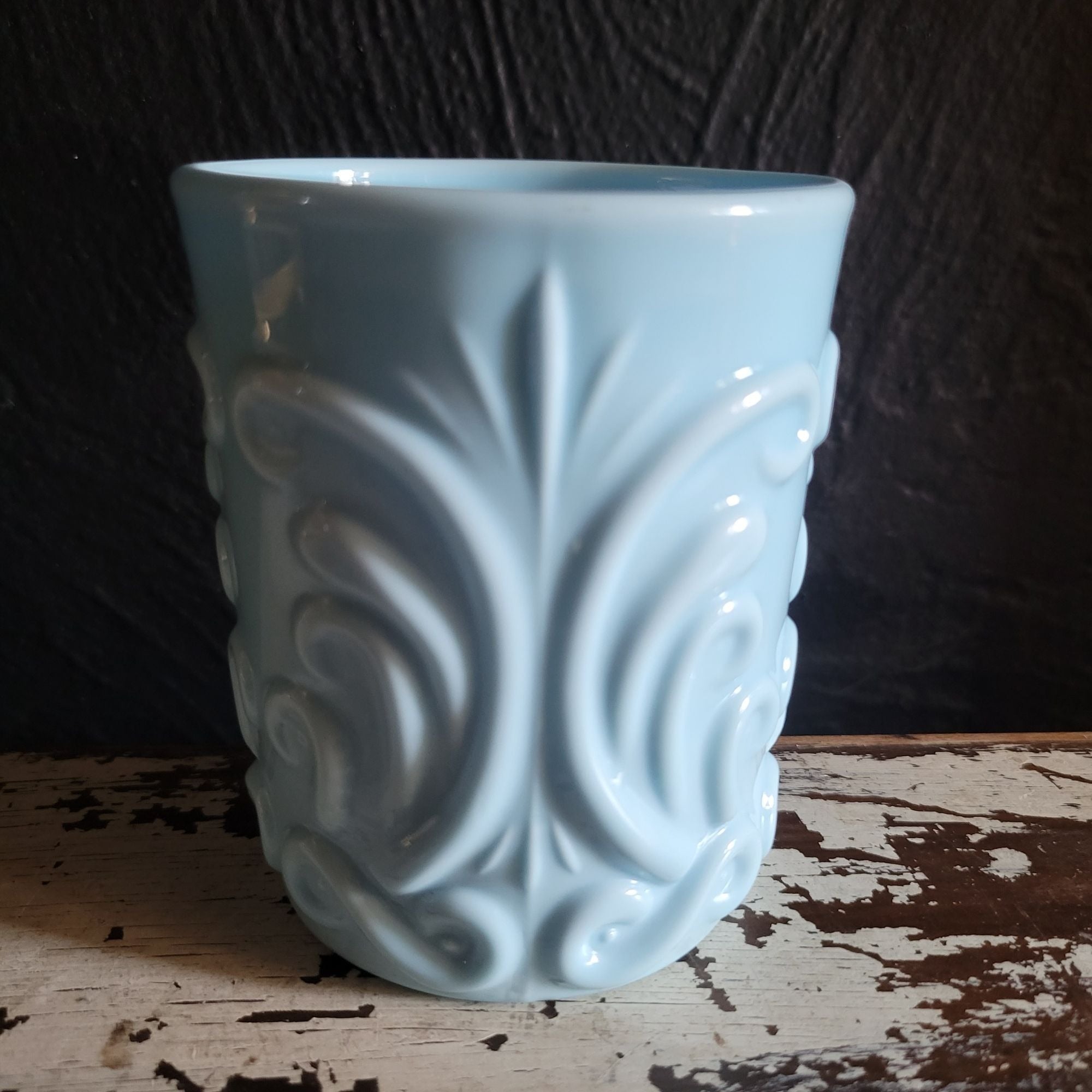 Vintage Challinor Blue Opaque Milk Glass Tumbler Decorative Scrollwork