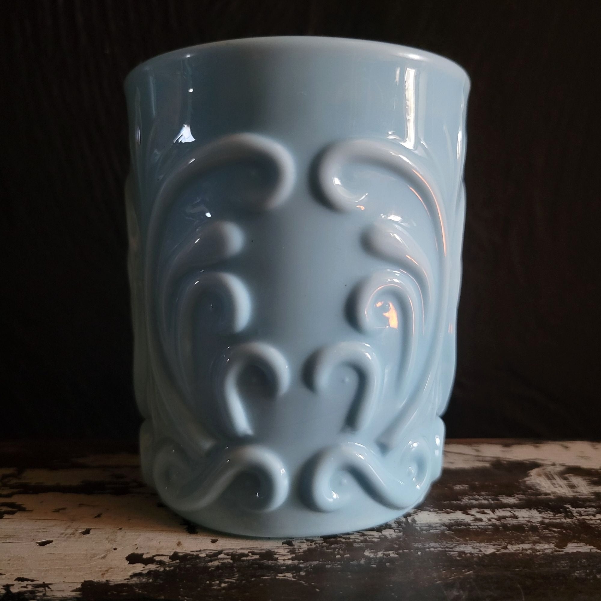 Vintage Challinor Blue Opaque Milk Glass Tumbler Decorative Scrollwork