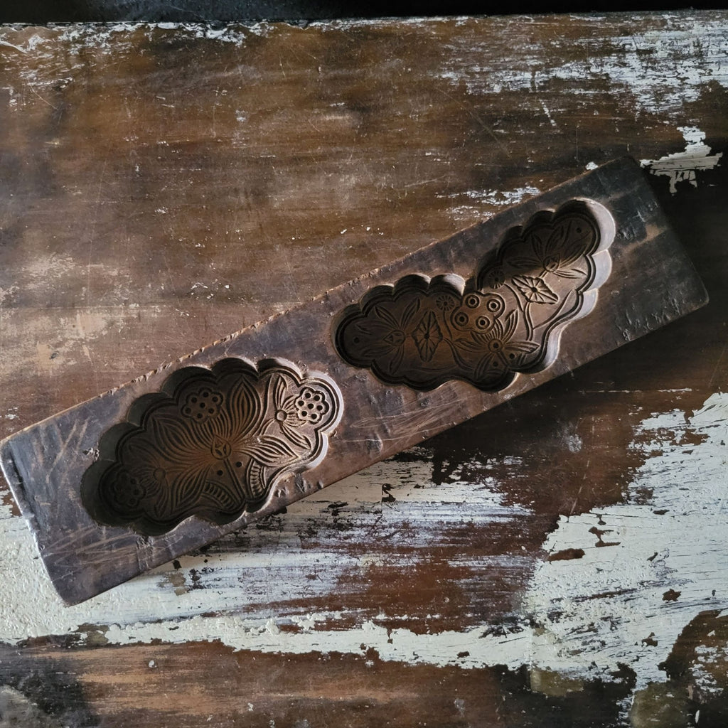 Vintage Hand Carved Wooden Chinese Moon Cake Mold With Floral Design