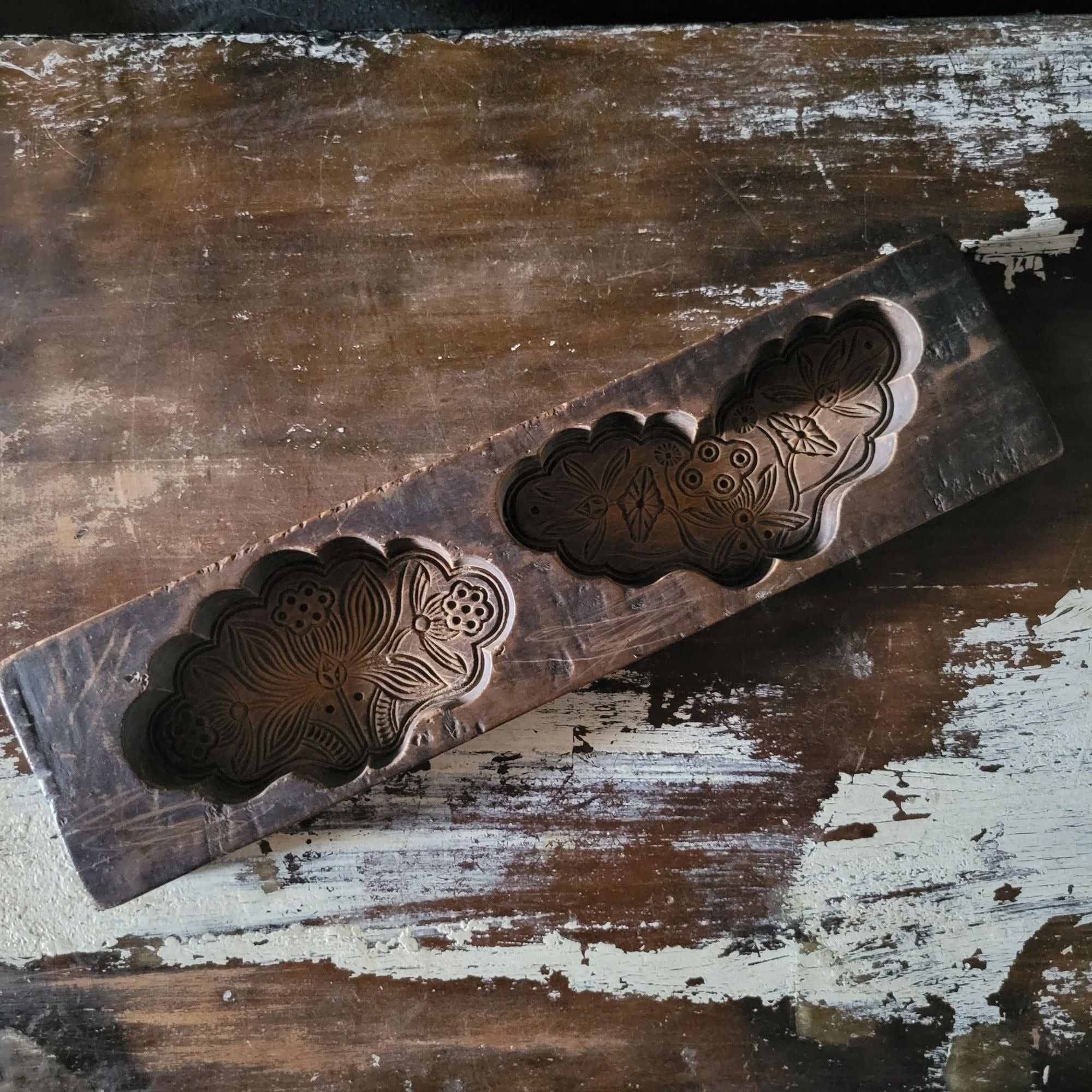 Vintage Hand Carved Wooden Chinese Moon Cake Mold With Floral Design