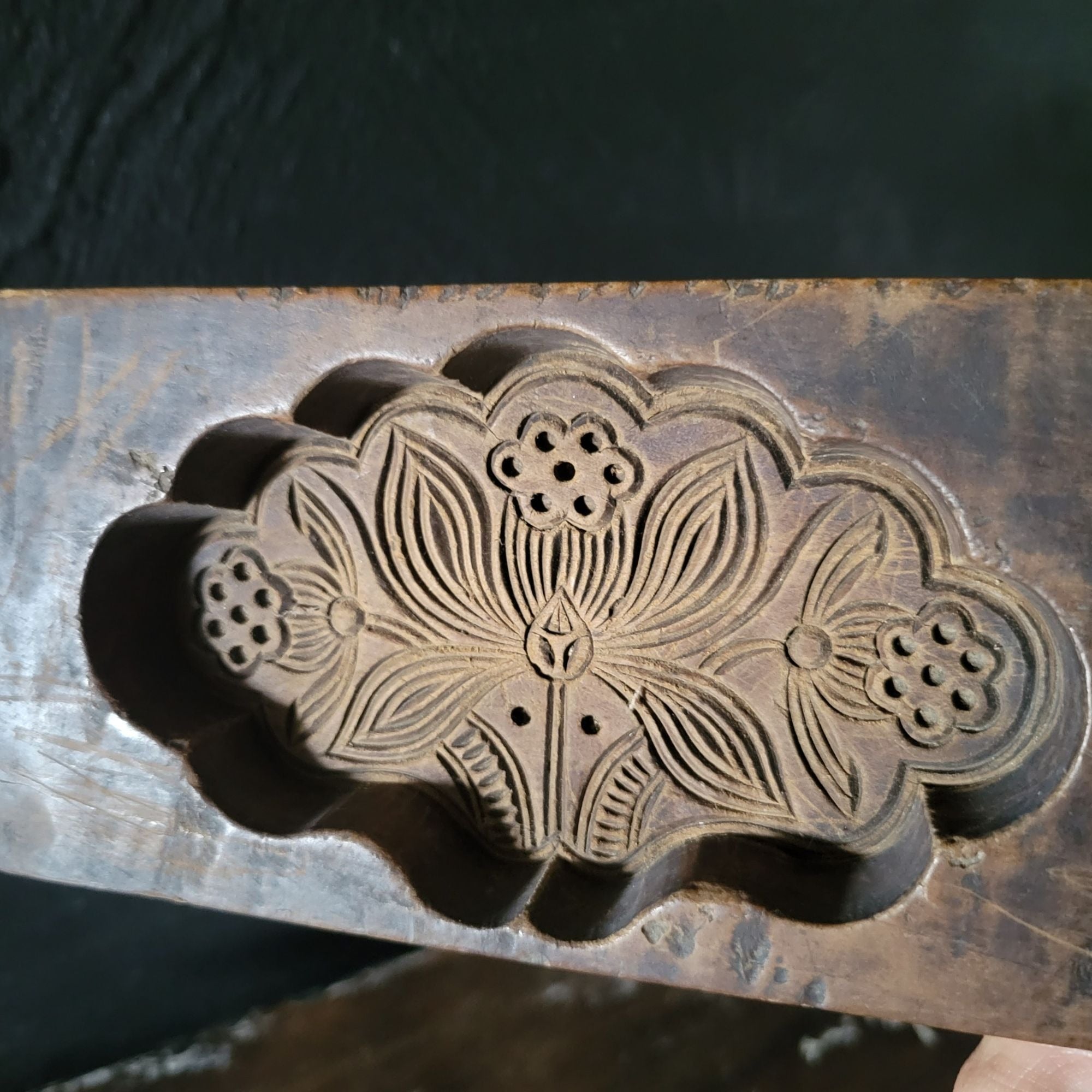 Vintage Hand Carved Wooden Chinese Moon Cake Mold With Floral Design