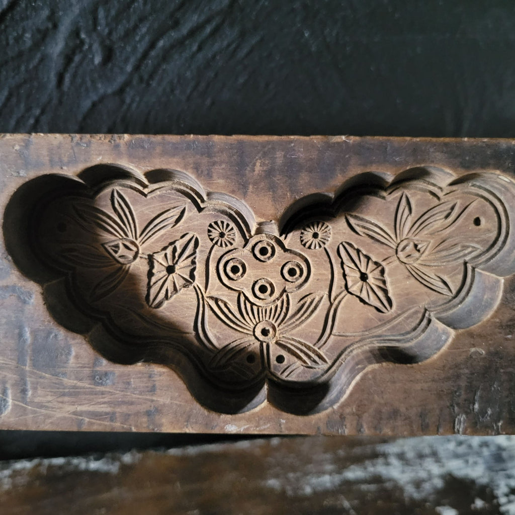 Vintage Hand Carved Wooden Chinese Moon Cake Mold With Floral Design