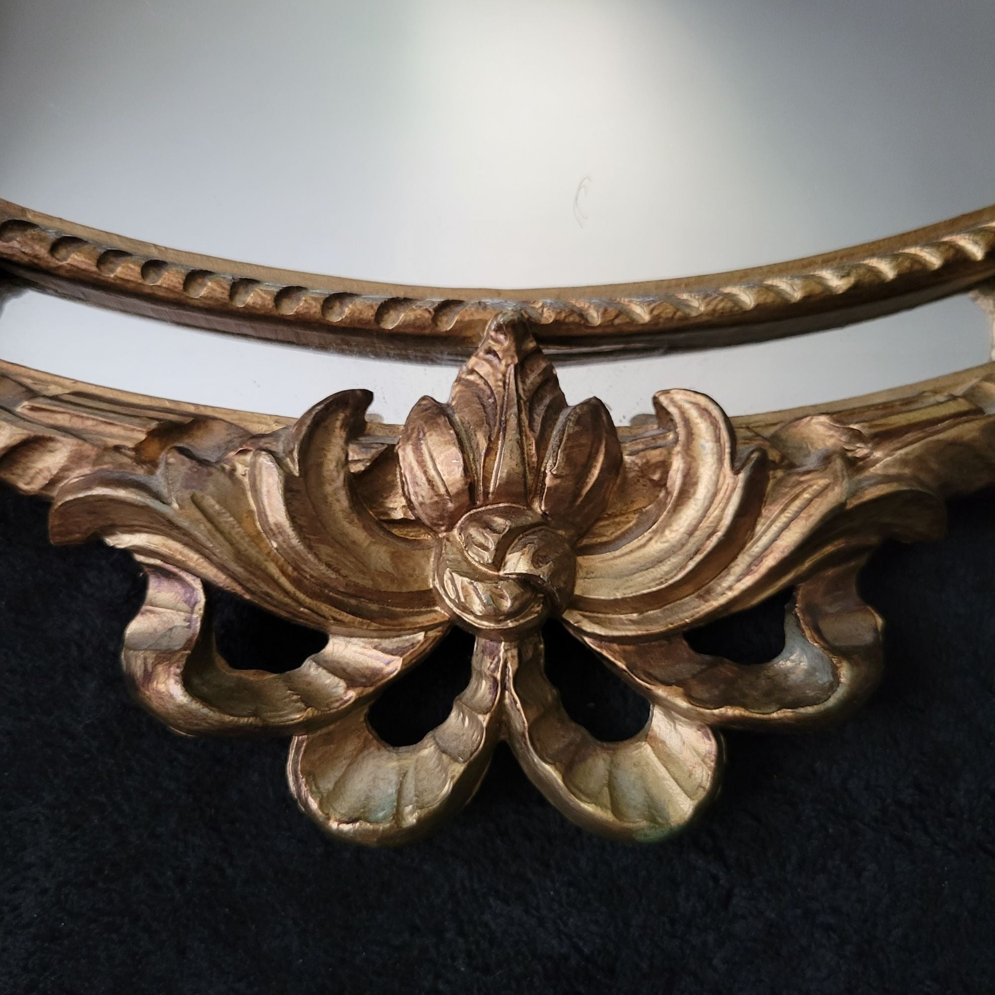 Vintage Italian Gold Oval Wall Mirror With Ornate Floral and Ribbon Design