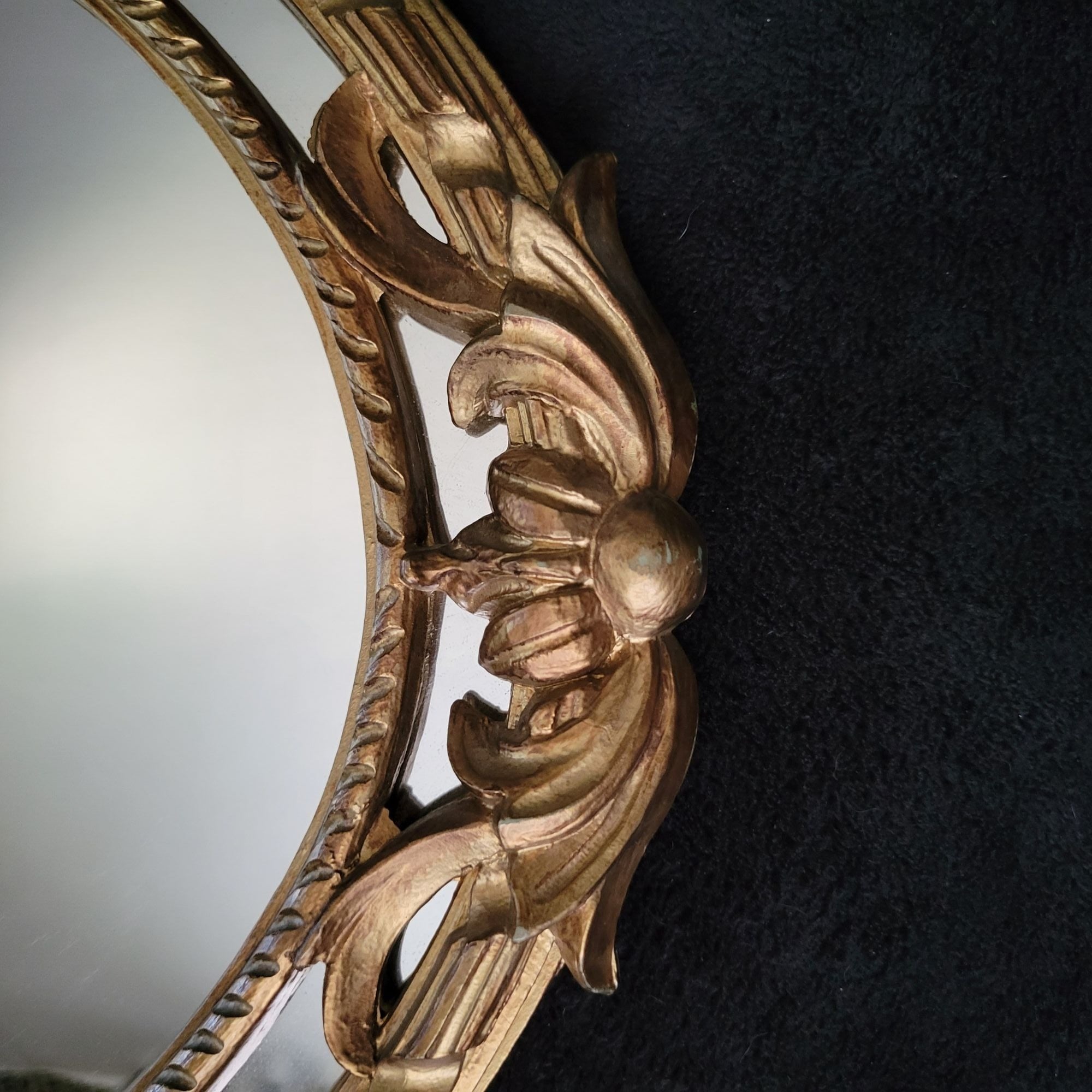 Vintage Italian Gold Oval Wall Mirror With Ornate Floral and Ribbon Design