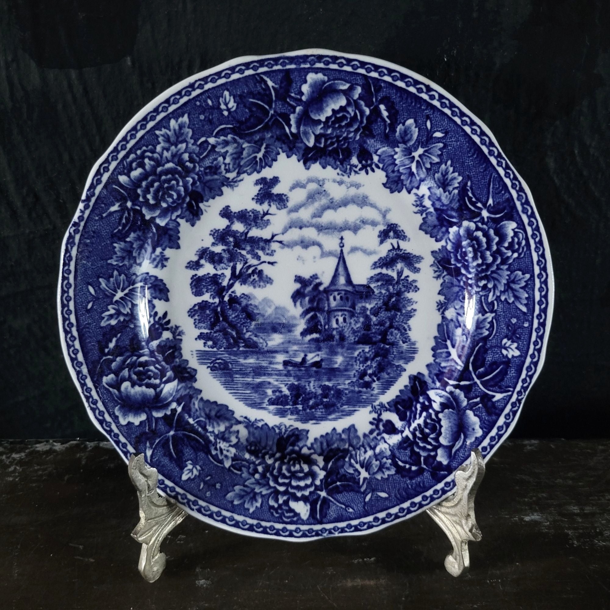 Vtg Arabia of Finland Blue and White Landscape Bread Plate Floral and Scenic