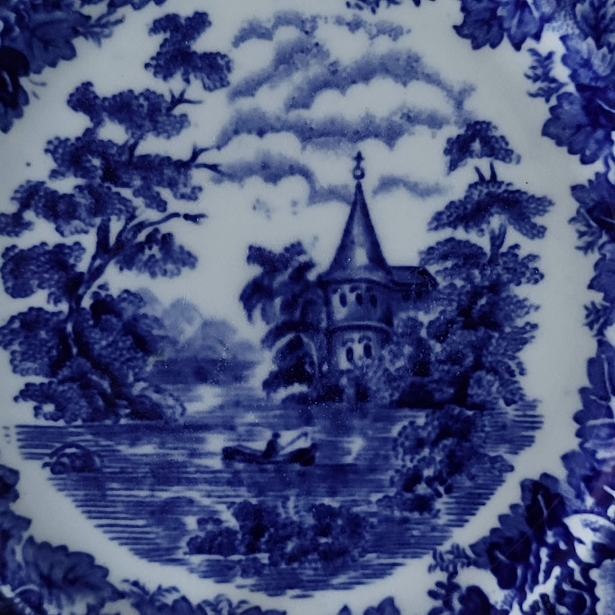 Vtg Arabia of Finland Blue and White Landscape Bread Plate Floral and Scenic