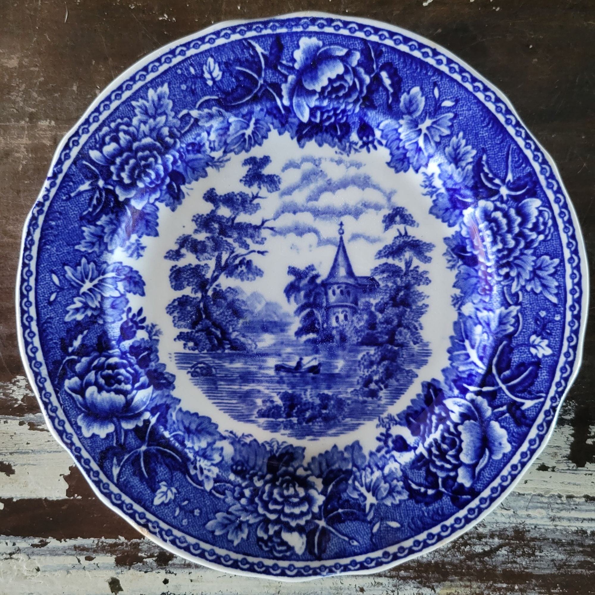 Vtg Arabia of Finland Blue and White Landscape Bread Plate Floral and Scenic