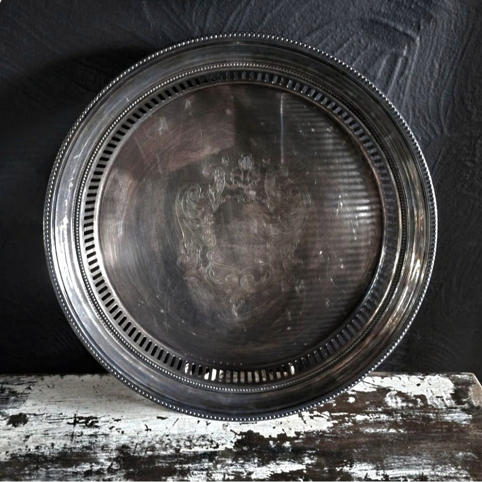 Towle Silverplate Round Gallery Tray Crest Beaded Rim "Happy 25th Anniversary"