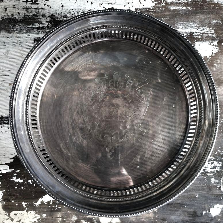 Towle Silverplate Round Gallery Tray Crest Beaded Rim "Happy 25th Anniversary"