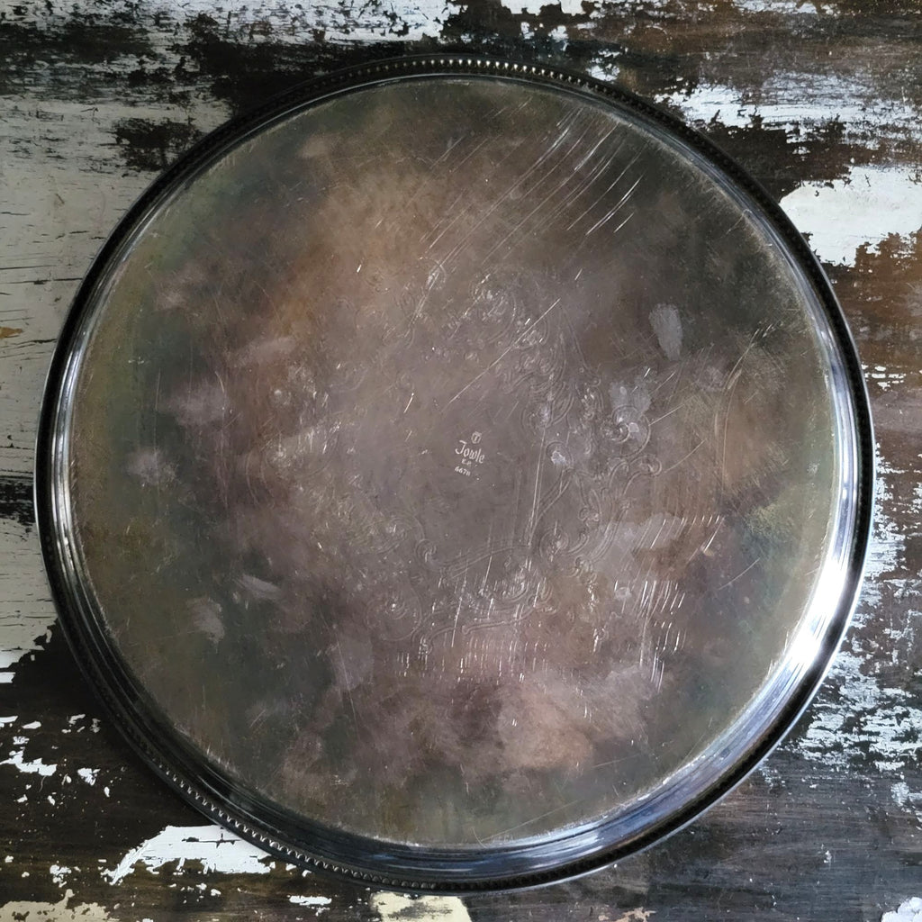Towle Silverplate Round Gallery Tray Crest Beaded Rim "Happy 25th Anniversary"