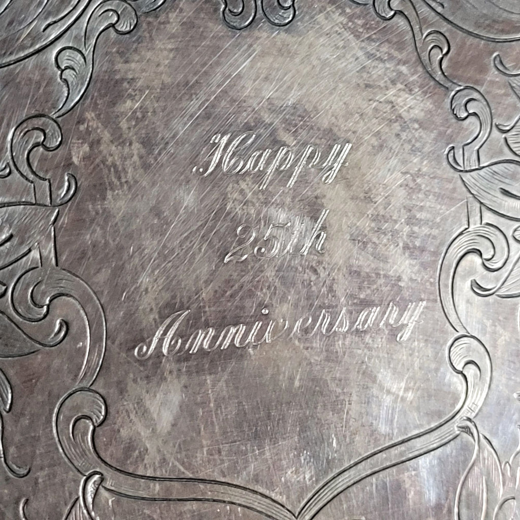 Towle Silverplate Round Gallery Tray Crest Beaded Rim "Happy 25th Anniversary"