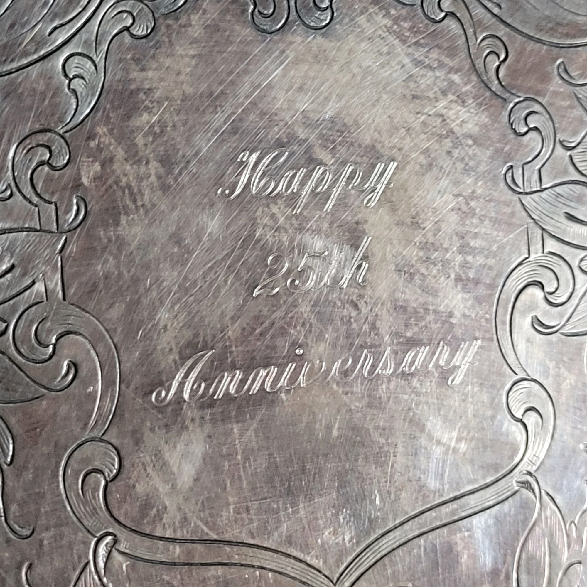 Towle Silverplate Round Gallery Tray Crest Beaded Rim "Happy 25th Anniversary"