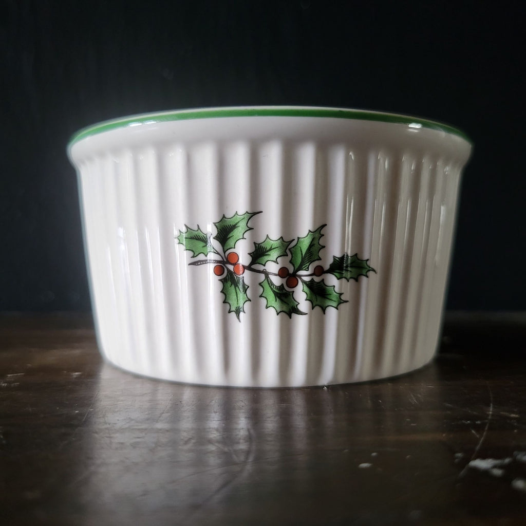 Spode Christmas Tree Ramekin White Ribbed Ceramic With Holly Motif & Green Rim
