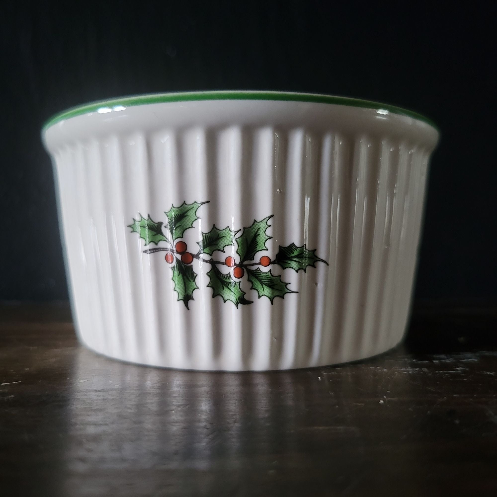 Spode Christmas Tree Ramekin White Ribbed Ceramic With Holly Motif & Green Rim