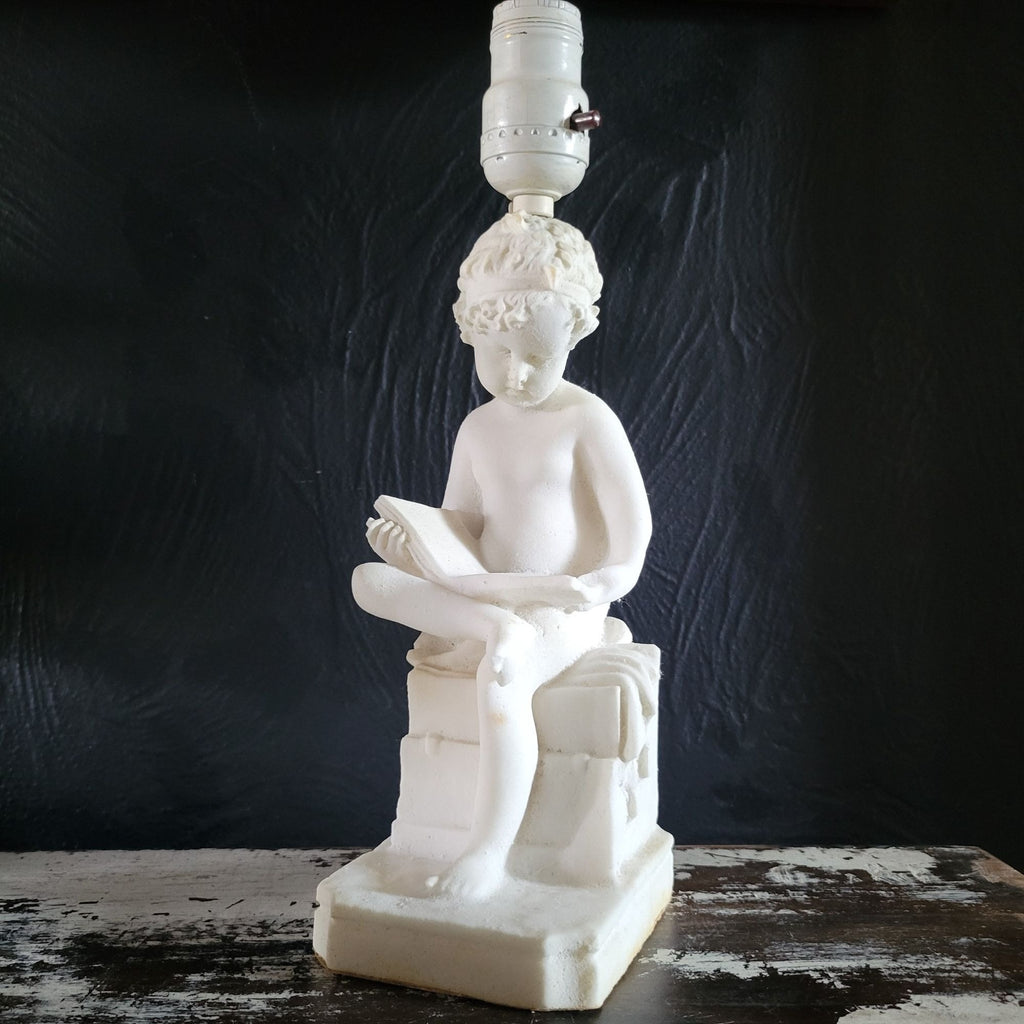 Vintage White Alabaster Sculpture Lamp Of Child Scribe After Canova 12.5 Inches