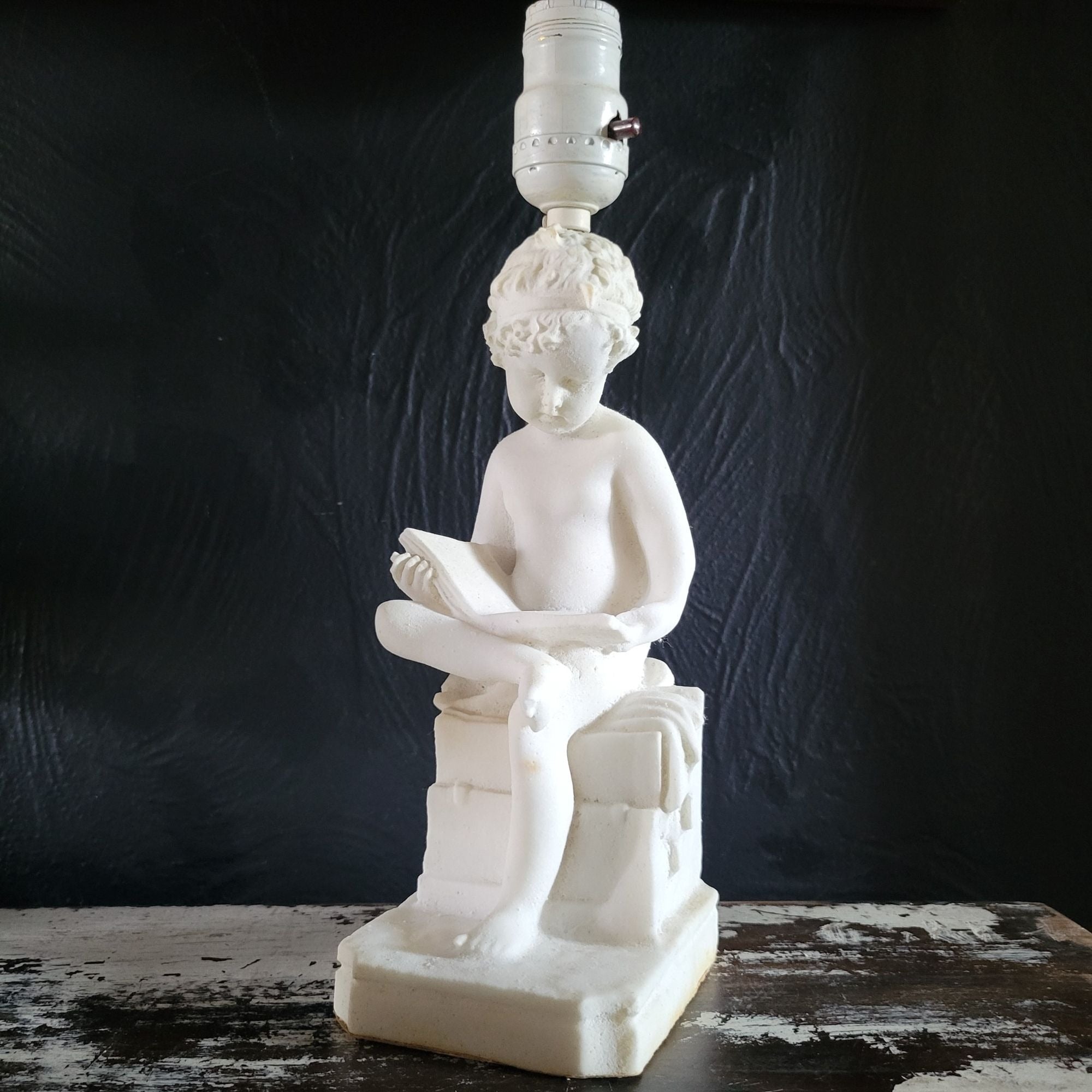 Vintage White Alabaster Sculpture Lamp Of Child Scribe After Canova 12.5 Inches