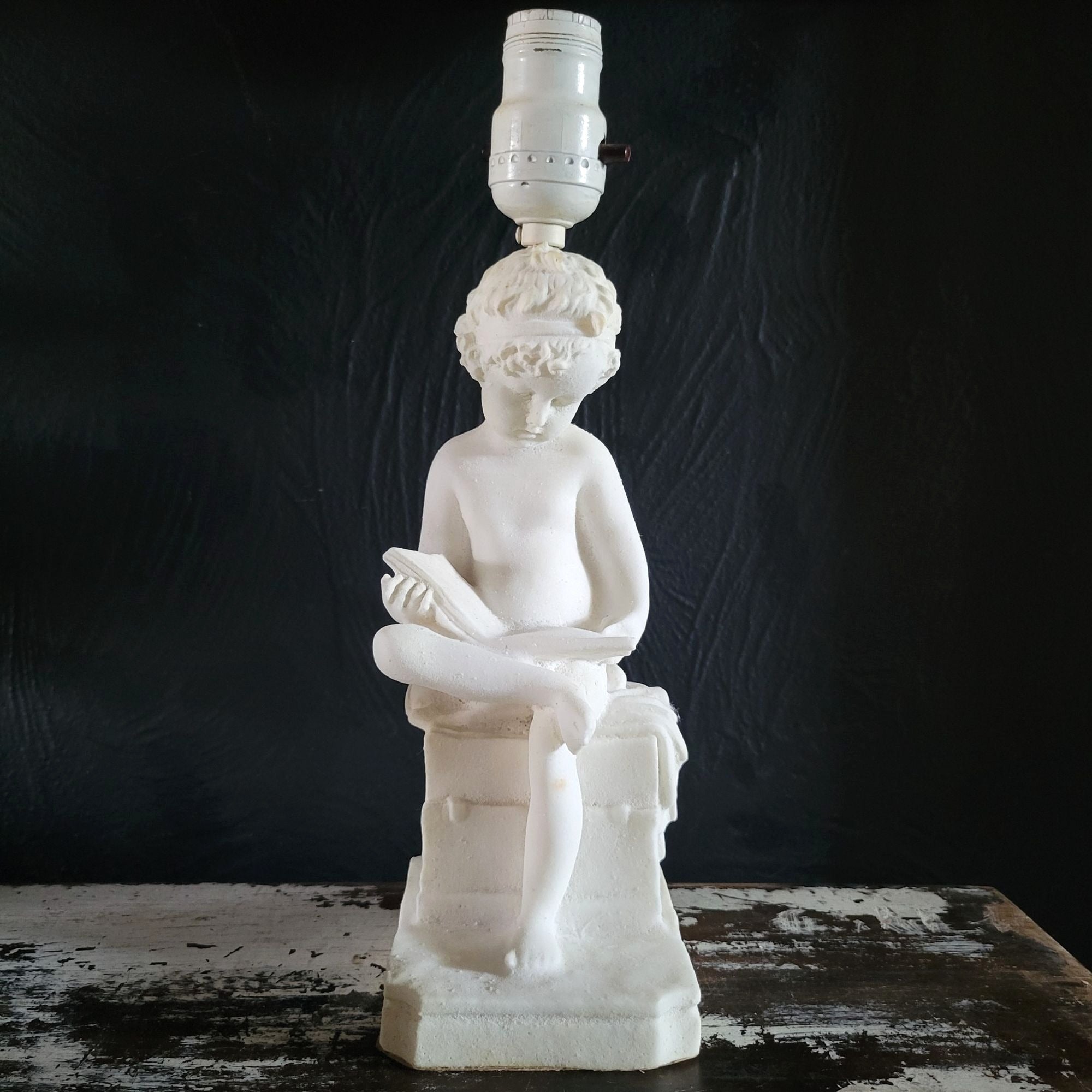 Vintage White Alabaster Sculpture Lamp Of Child Scribe After Canova 12.5 Inches