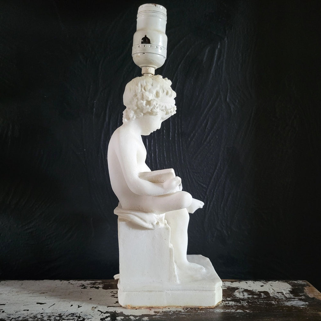 Vintage White Alabaster Sculpture Lamp Of Child Scribe After Canova 12.5 Inches