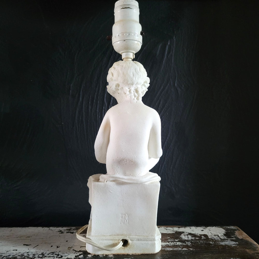Vintage White Alabaster Sculpture Lamp Of Child Scribe After Canova 12.5 Inches