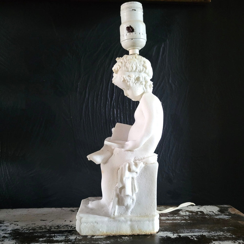 Vintage White Alabaster Sculpture Lamp Of Child Scribe After Canova 12.5 Inches