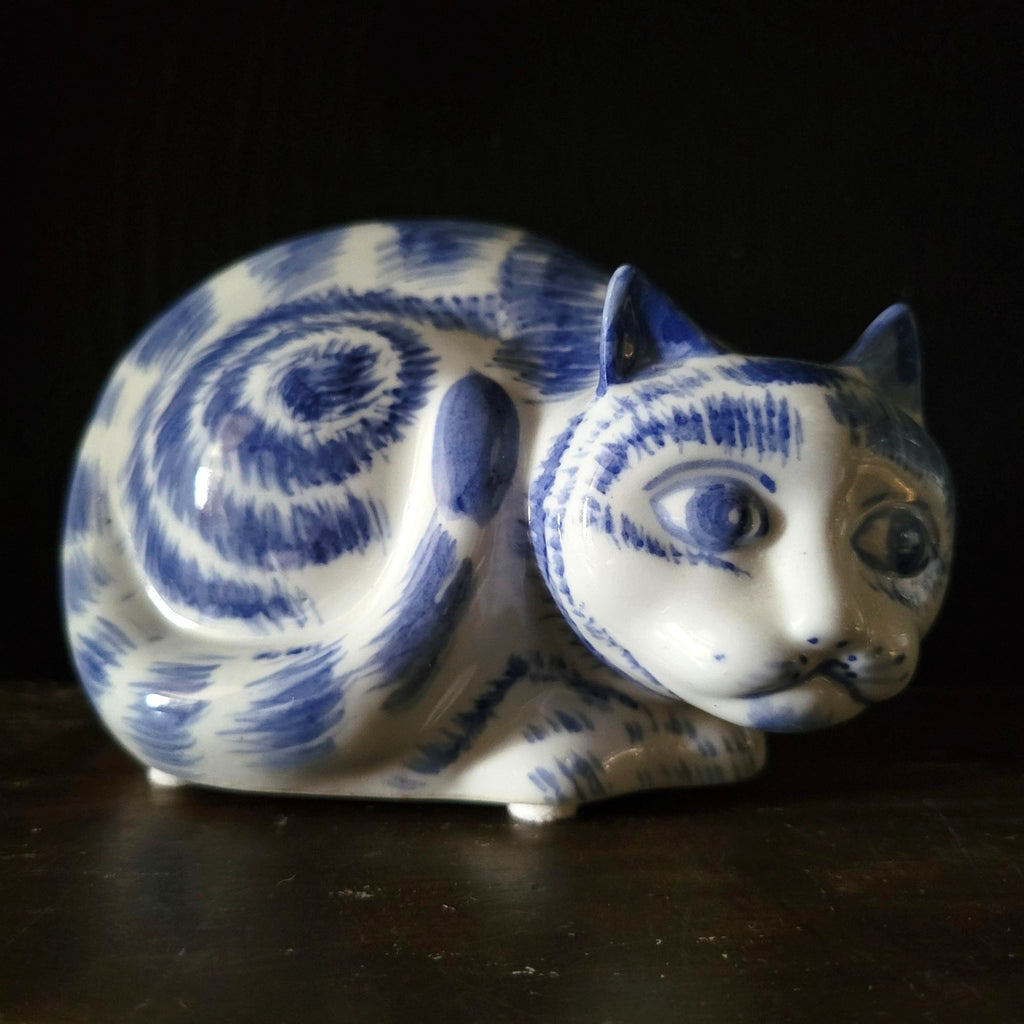 Vintage Chinese Blue Tabby Cat Figurine Chinoiserie Ceramic Cat Collectible