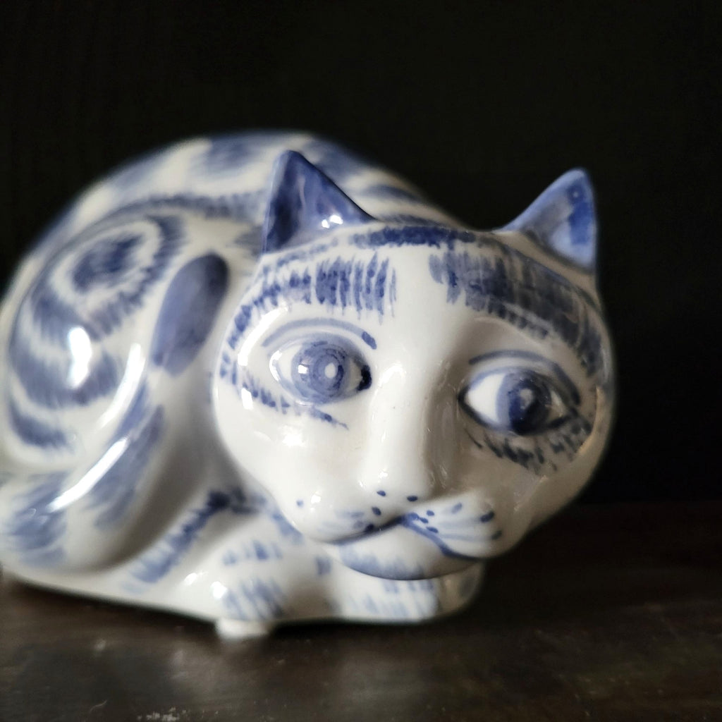 Vintage Chinese Blue Tabby Cat Figurine Chinoiserie Ceramic Cat Collectible
