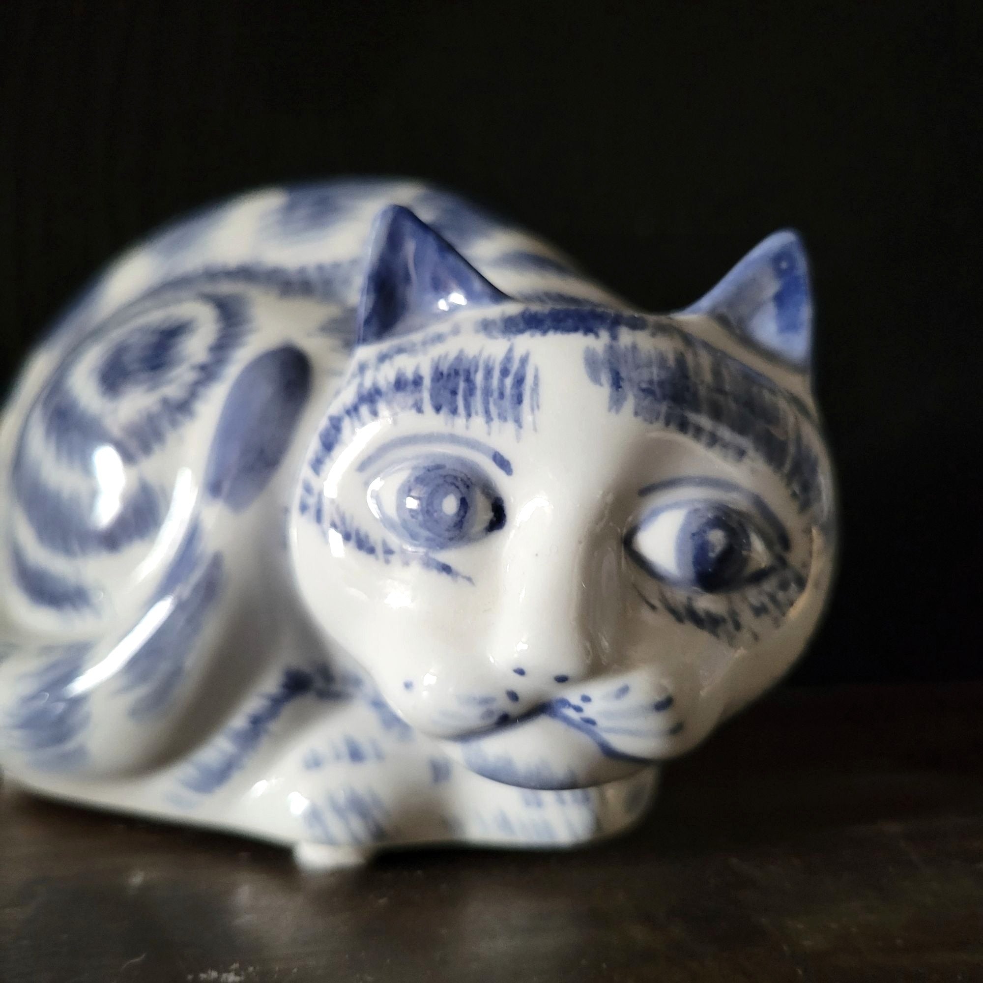 Vintage Chinese Blue Tabby Cat Figurine Chinoiserie Ceramic Cat Collectible