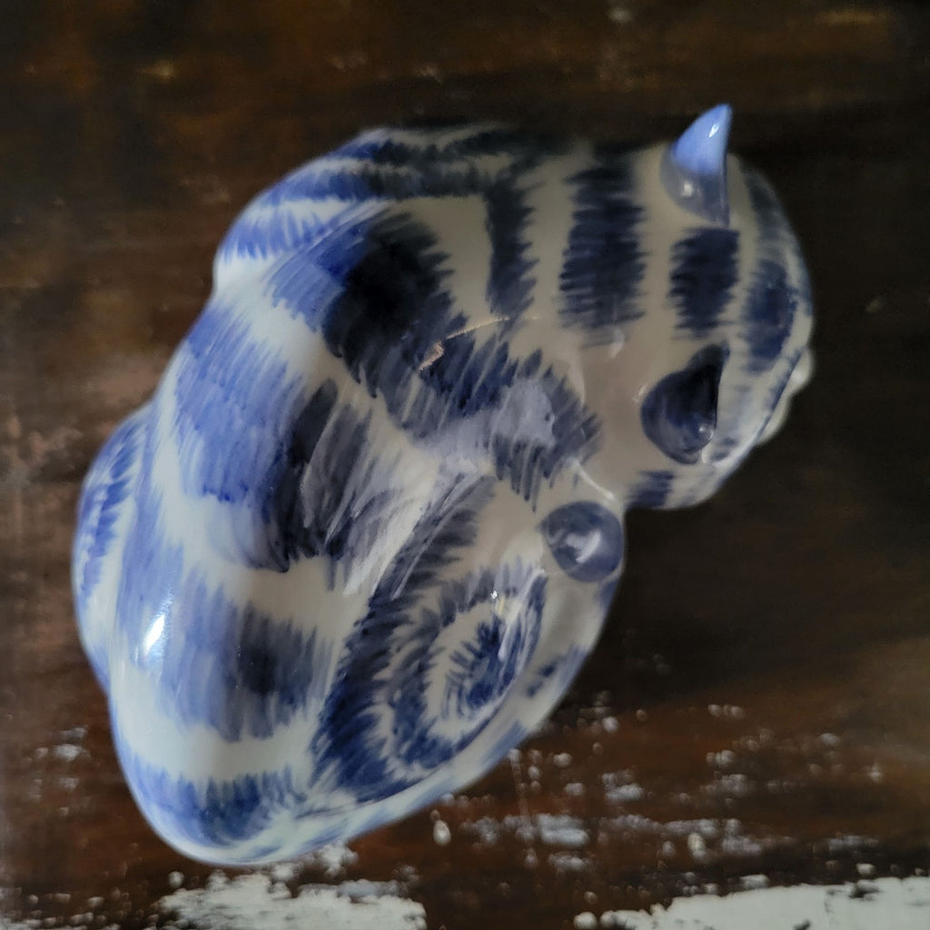 Vintage Chinese Blue Tabby Cat Figurine Chinoiserie Ceramic Cat Collectible