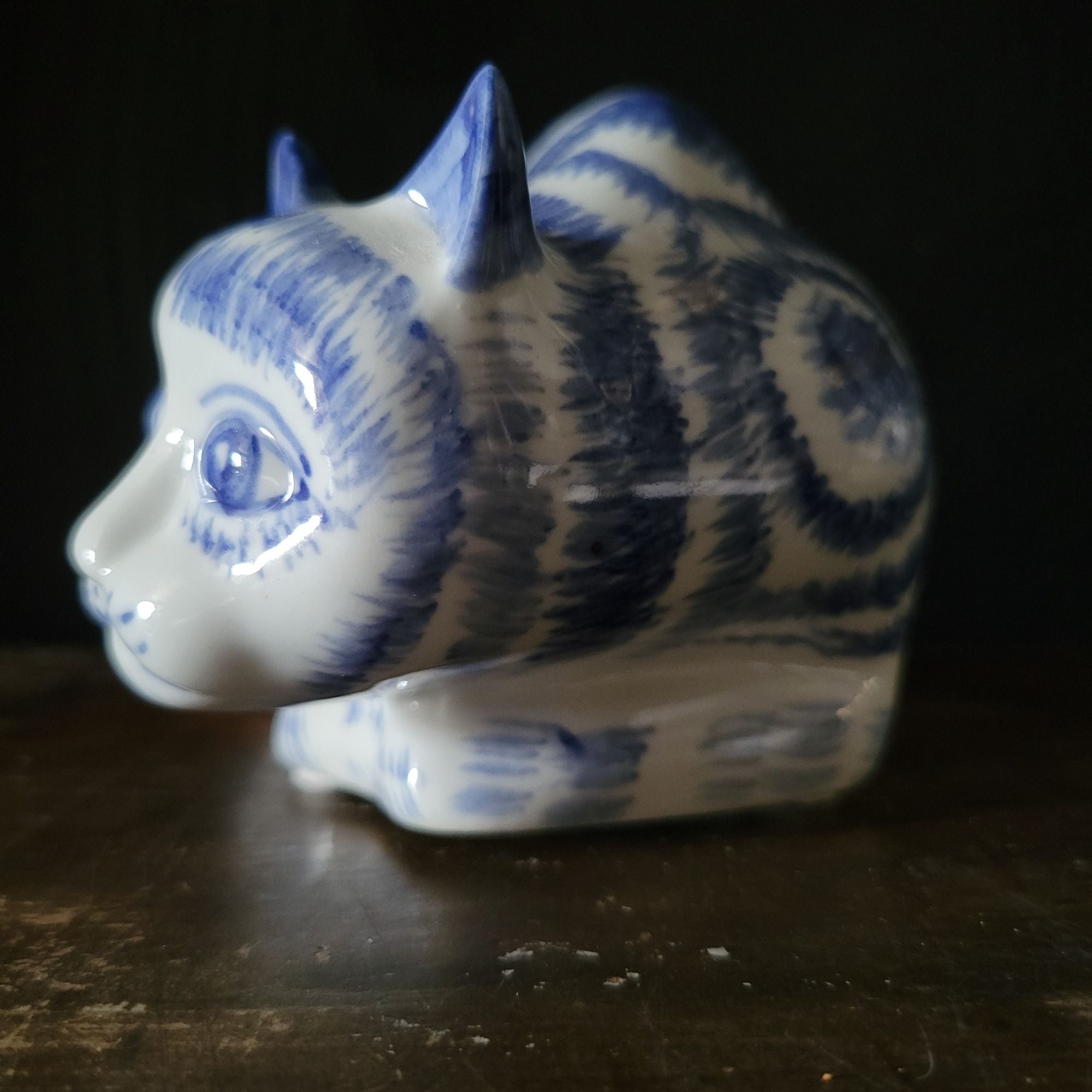 Vintage Chinese Blue Tabby Cat Figurine Chinoiserie Ceramic Cat Collectible