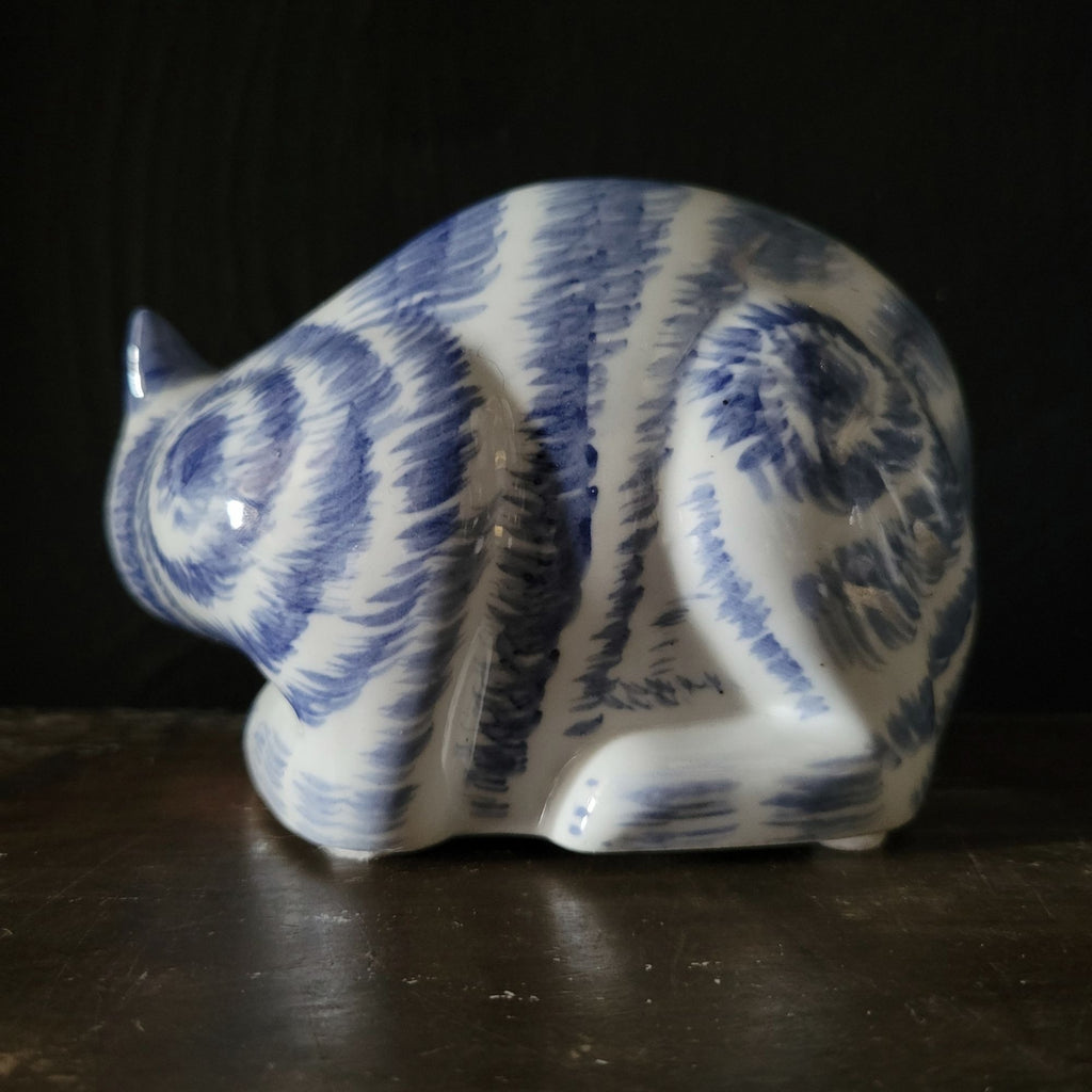 Vintage Chinese Blue Tabby Cat Figurine Chinoiserie Ceramic Cat Collectible