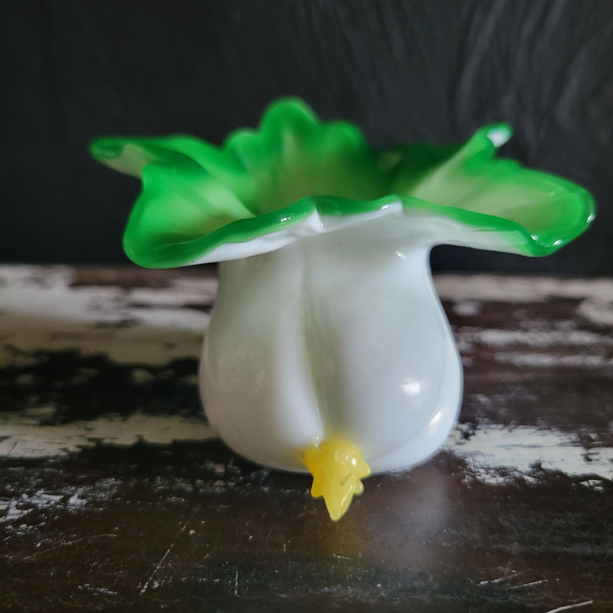 Antique Victorian Cased Glass Bok Choy Salt Cellar White and Green Ruffled Rim