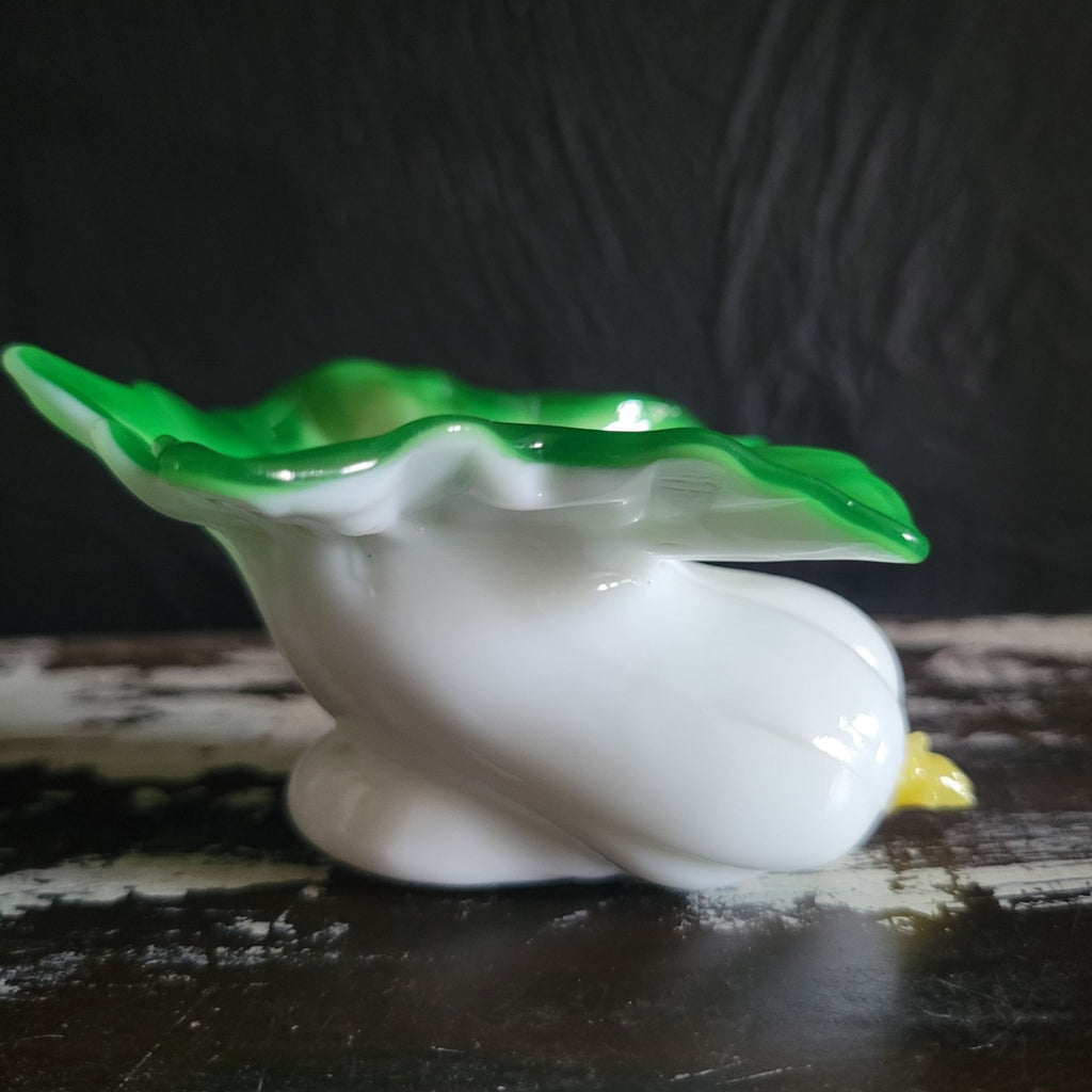 Antique Victorian Cased Glass Bok Choy Salt Cellar White and Green Ruffled Rim