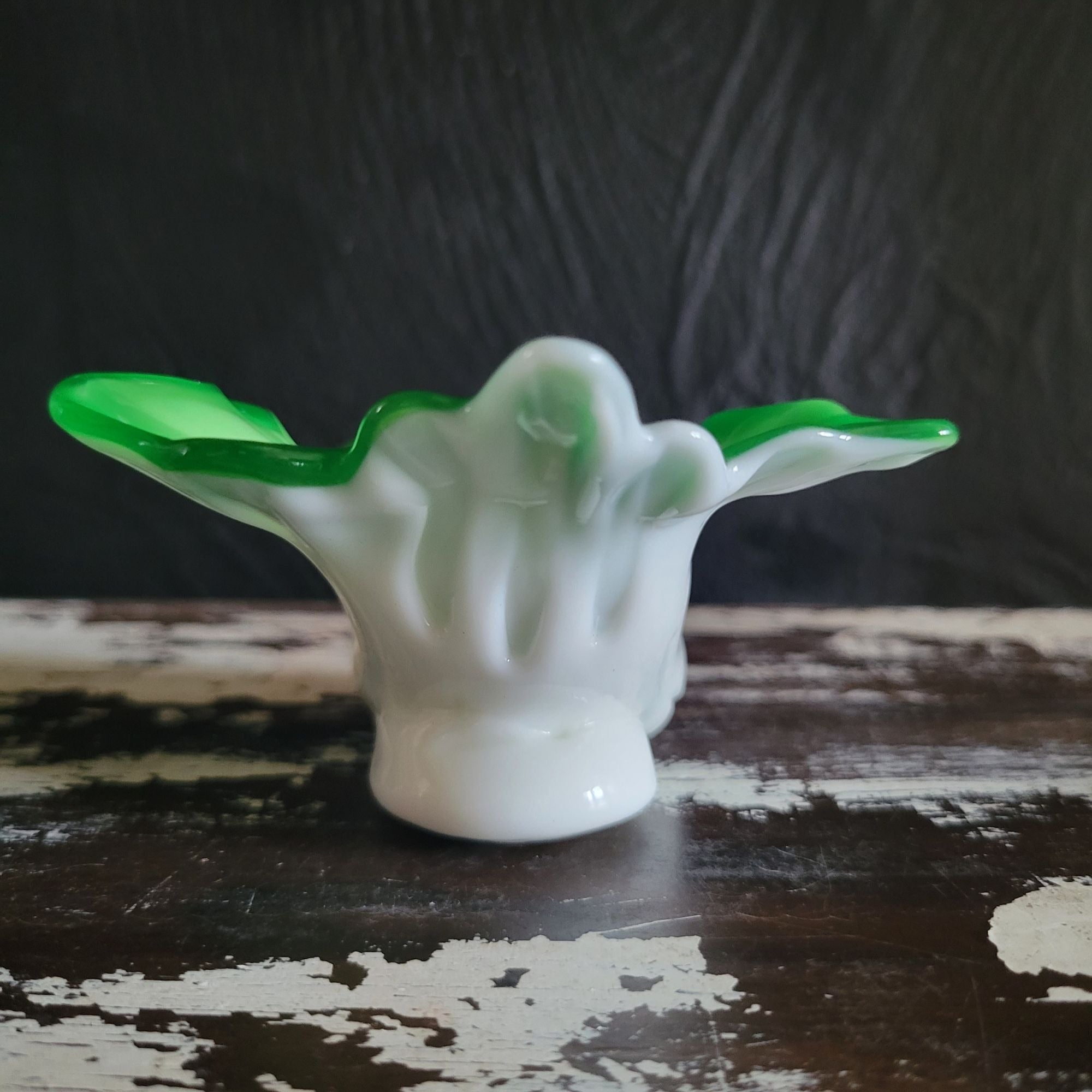 Antique Victorian Cased Glass Bok Choy Salt Cellar White and Green Ruffled Rim