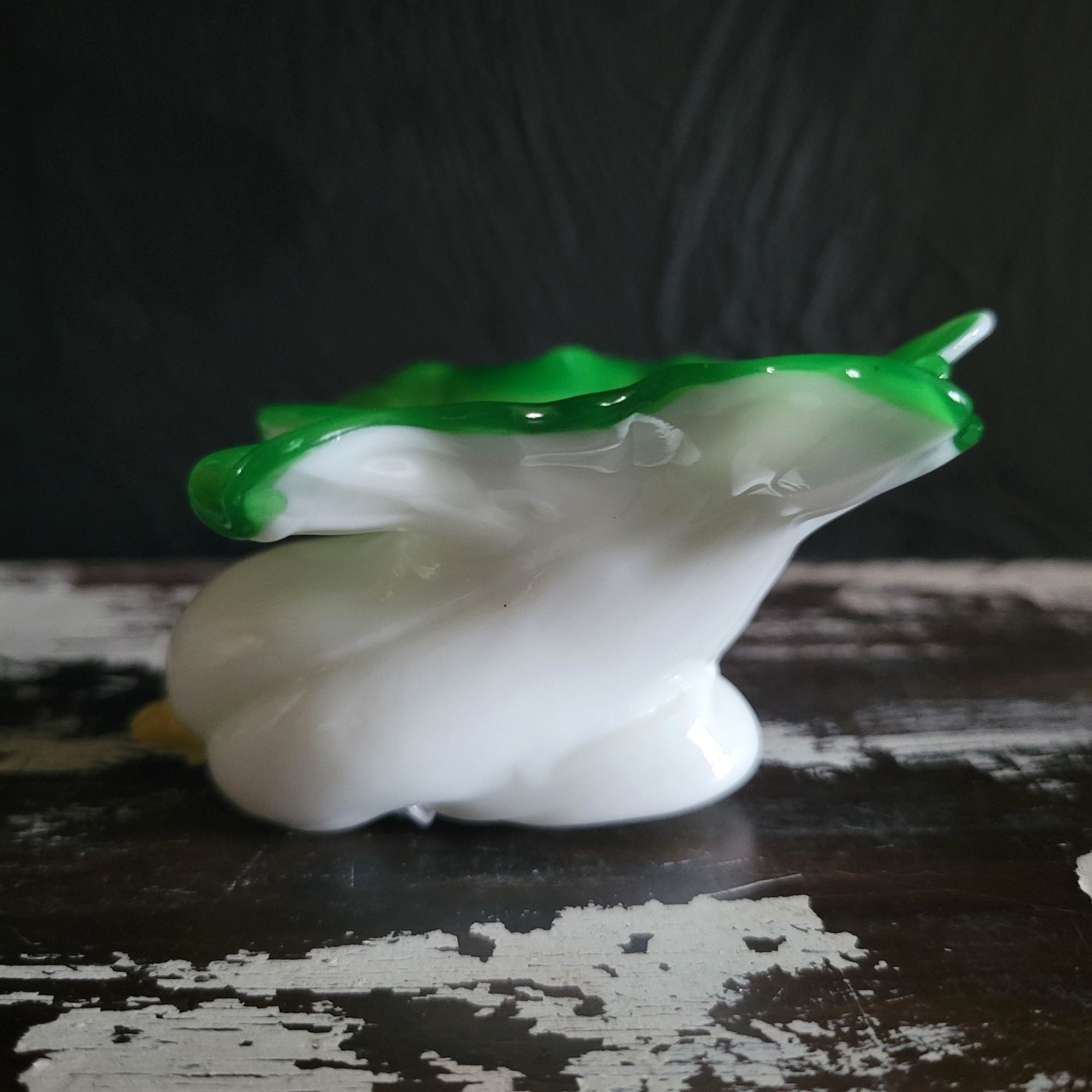 Antique Victorian Cased Glass Bok Choy Salt Cellar White and Green Ruffled Rim