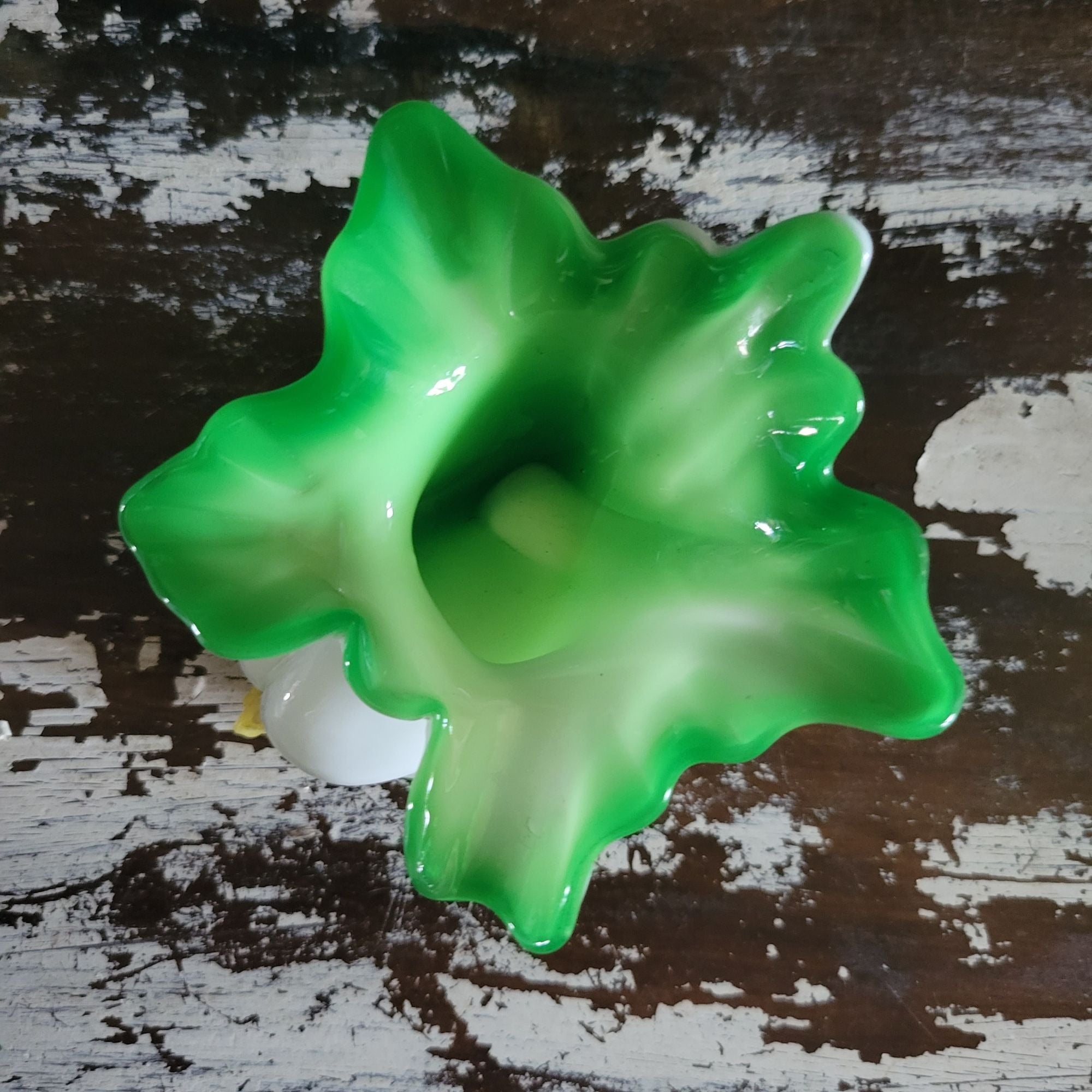 Antique Victorian Cased Glass Bok Choy Salt Cellar White and Green Ruffled Rim