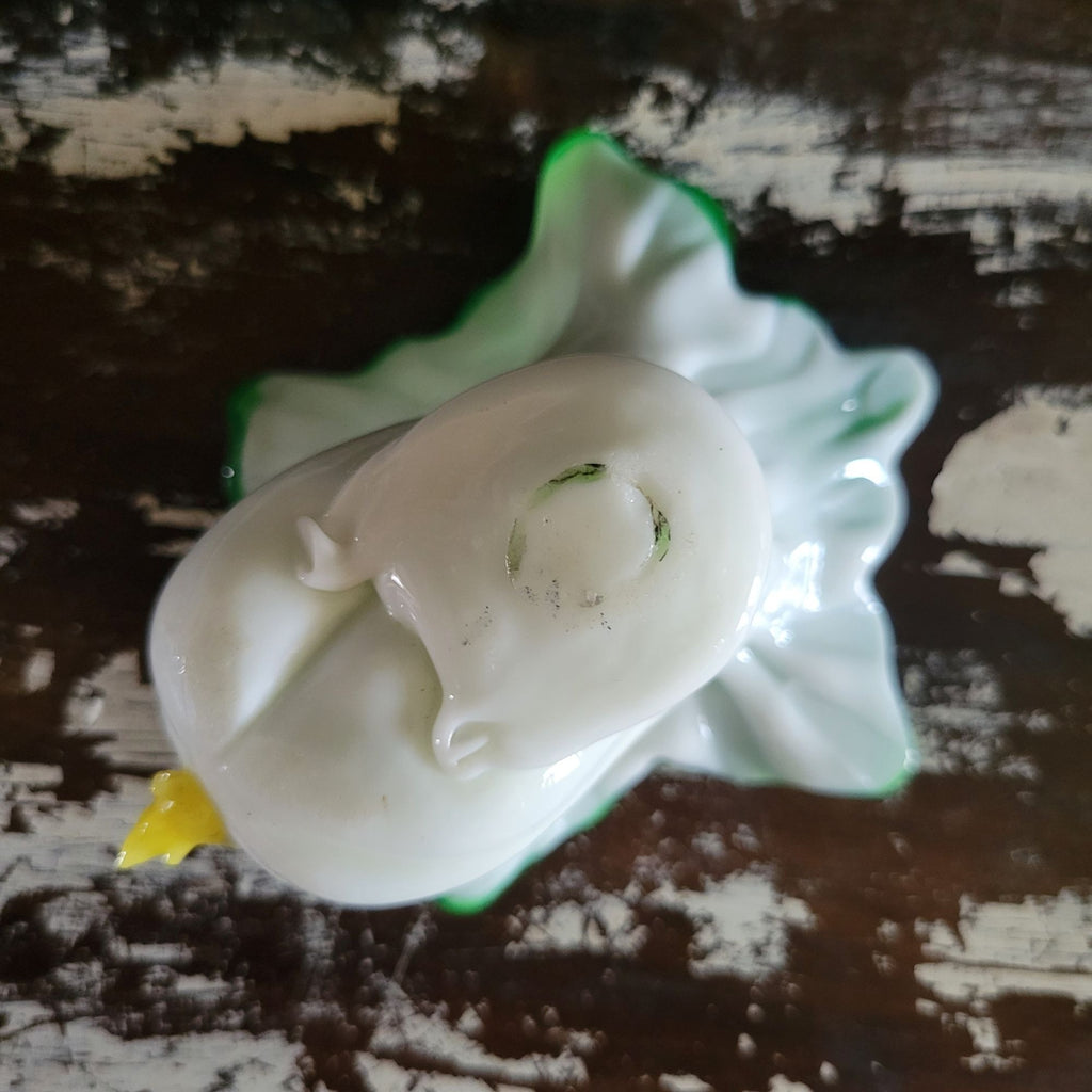 Antique Victorian Cased Glass Bok Choy Salt Cellar White and Green Ruffled Rim