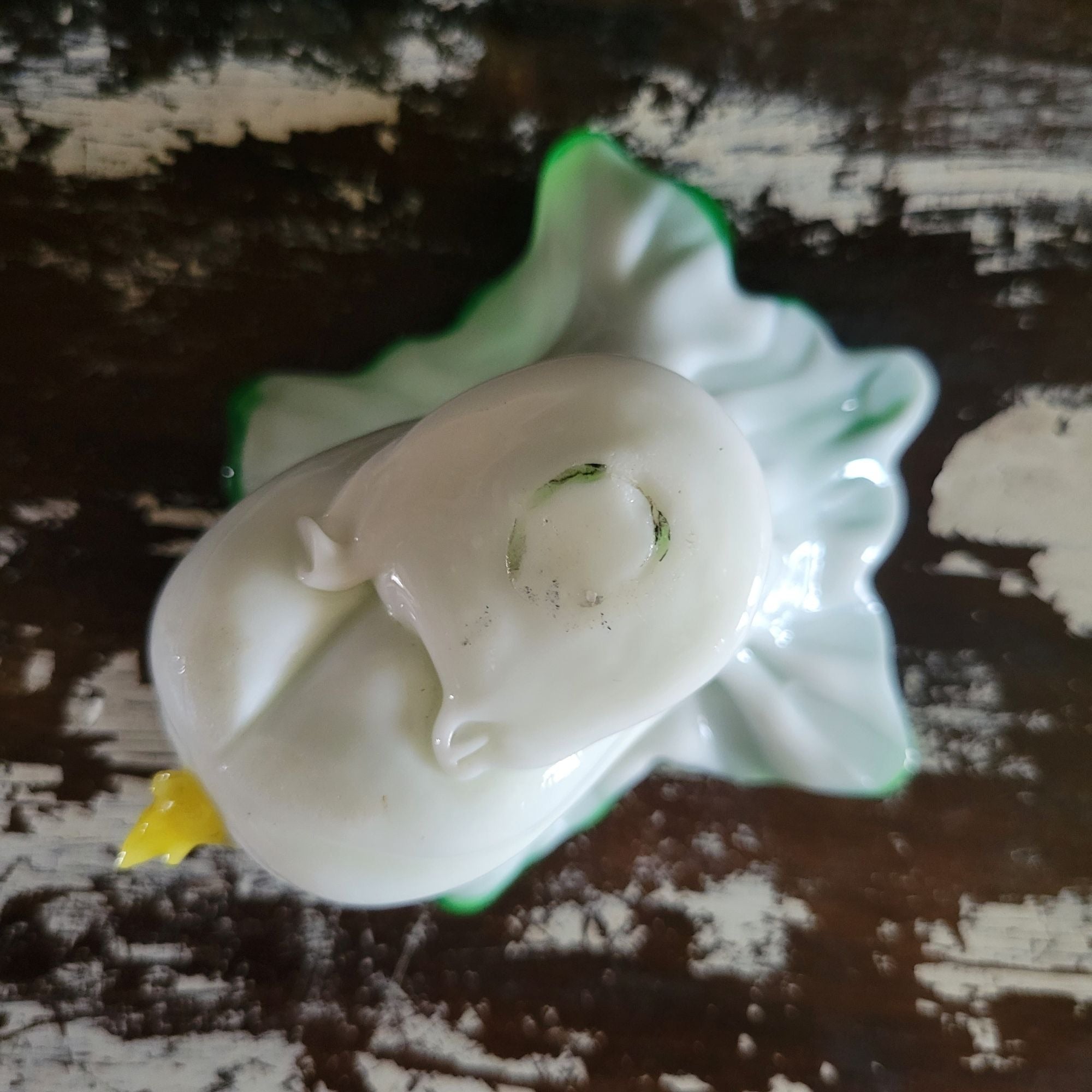 Antique Victorian Cased Glass Bok Choy Salt Cellar White and Green Ruffled Rim
