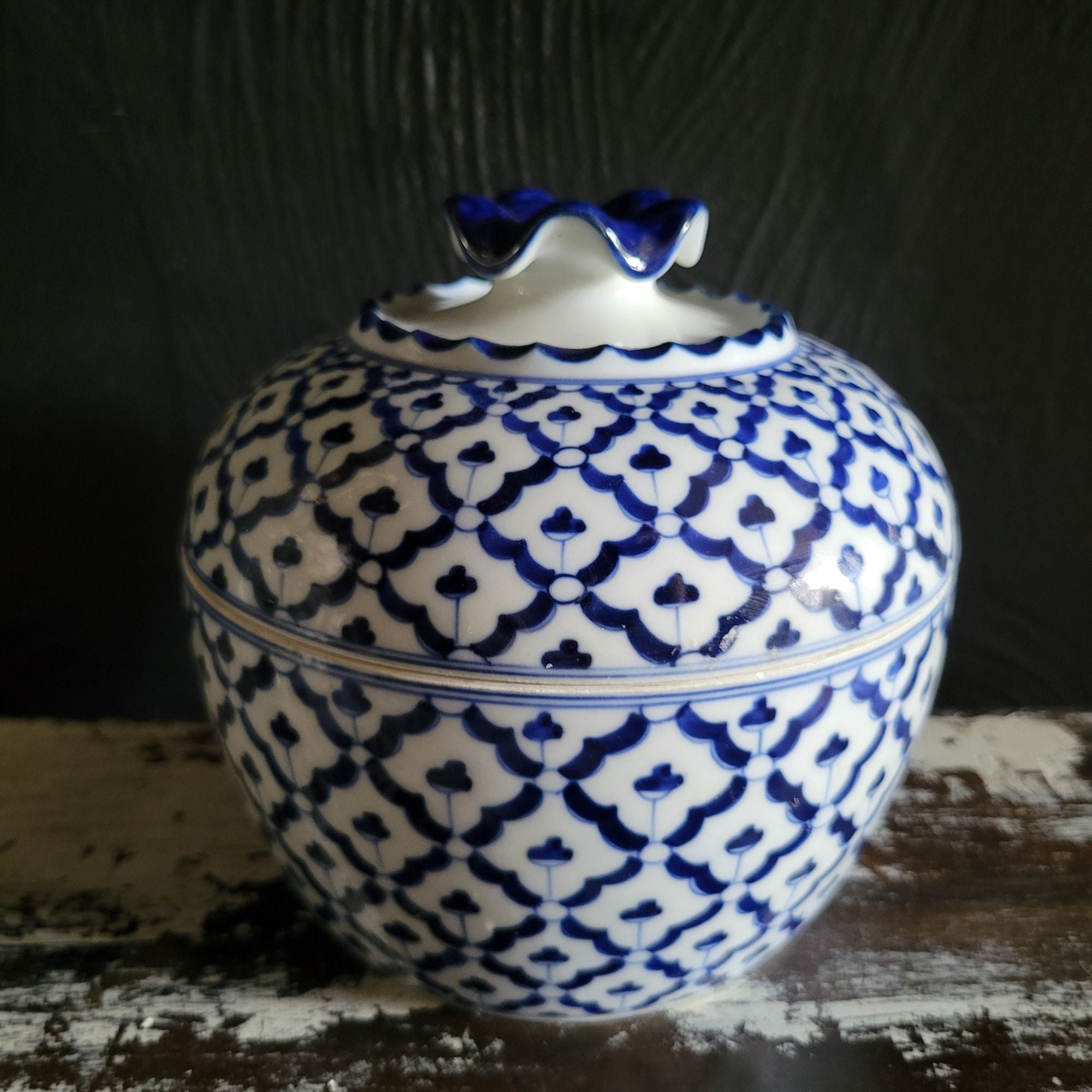 Vintage Thai Porcelain Blue and White Round Lidded Jar